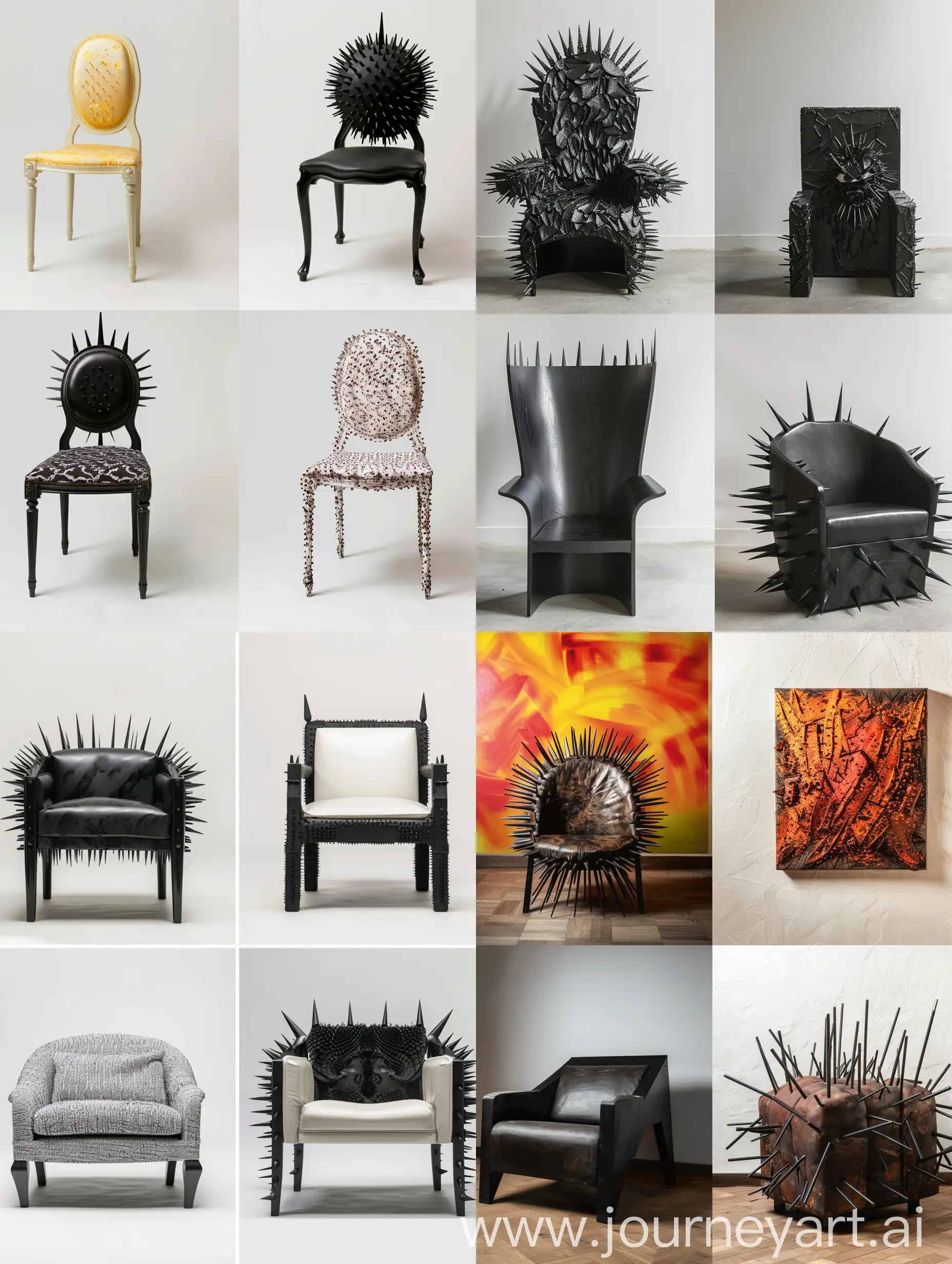 带尖刺的椅子，艺术照片，4张不同的，拼成4宫格