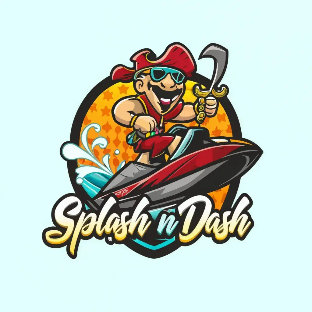 a logo design,with the text 'Splash N' Dash', main symbol:pirate standing on a jet ski,Moderate,be used in Travel industry,clear background