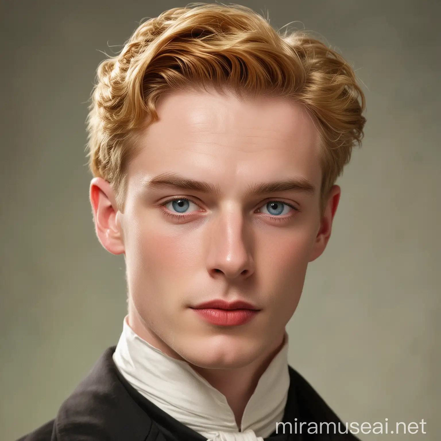 Handsome 19th Century Man with Scarlet Lips and Blue Eyes