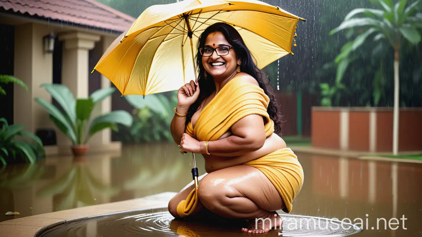 a mature fat curvy  indian  woman with 49 years old age wearing a Prescription Eyeglasses on face and gold ornaments with curvy body wearing a  golden wet bath towel  with full make up ,open long hair style,   , doing  squats holding an umbrella   wearing high heels on feet  near a pond court yard   , she is happy and smiling, its raining 