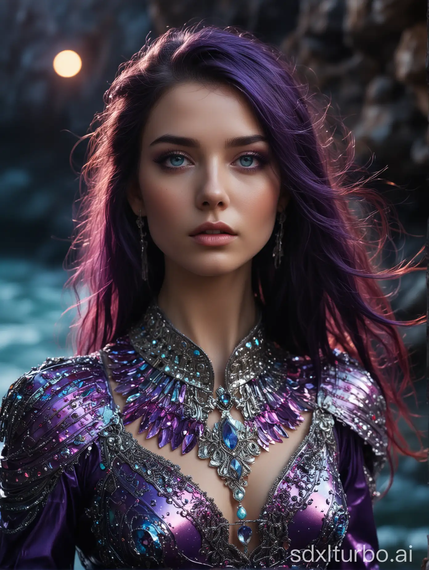 Raw Photo Stunning girl, whose action takes place on a captivating night scene or in an underground world. The character, dressed in metallic costumes, with royal inlays and a collar, stands boldly among a sea of bright purple colors, which seem to emanate from her. Her long dark hair gracefully falls down, while her mesmerizing blue eyes pierce it. A charming atmosphere, filled with unique elements, evoking a feeling of strength, elegance and instant beauty. Bright colors and complex construction create a captivating impression from portrait photographs. Bright, cinematic portrait photography,