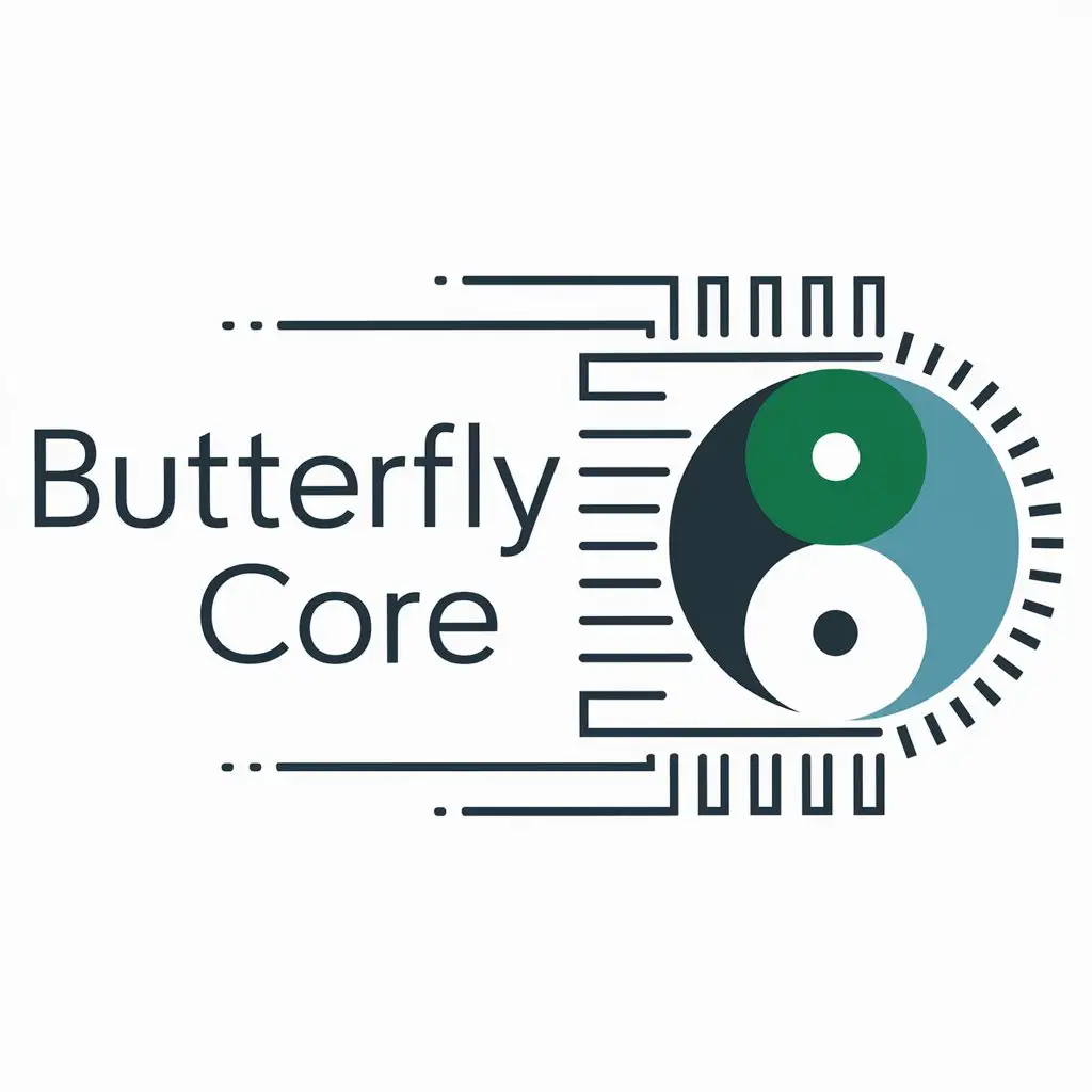 a logo design,with the text "Butterfly Core", main symbol:butterfly, chip design, simple linework, green+blue, yin and yang relationship,Moderate,be used in Technology industry,clear background