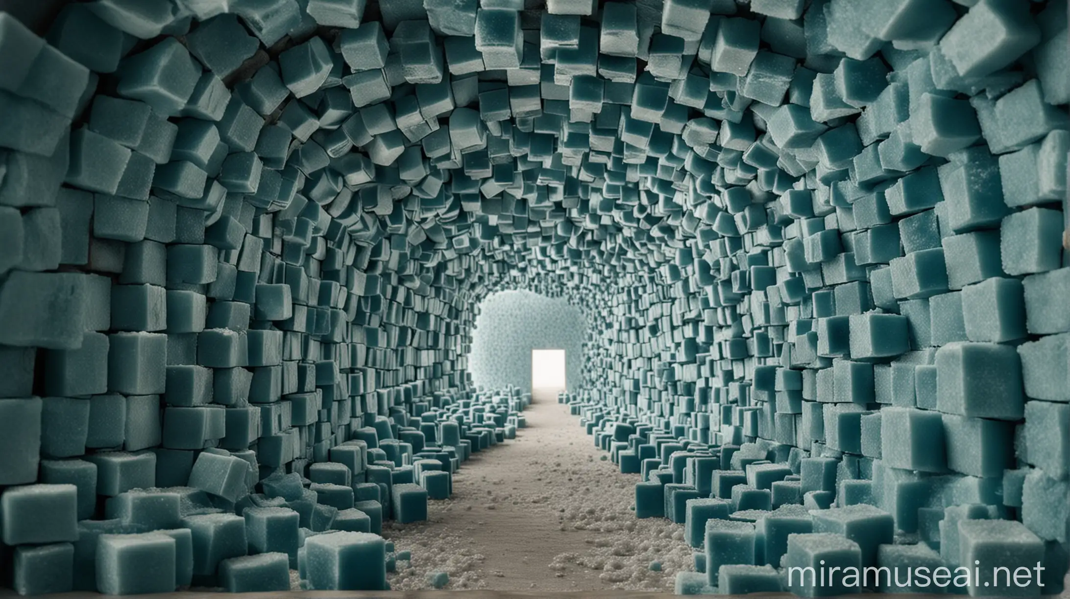 Tunnel made of blue sugar cubes, view from inside