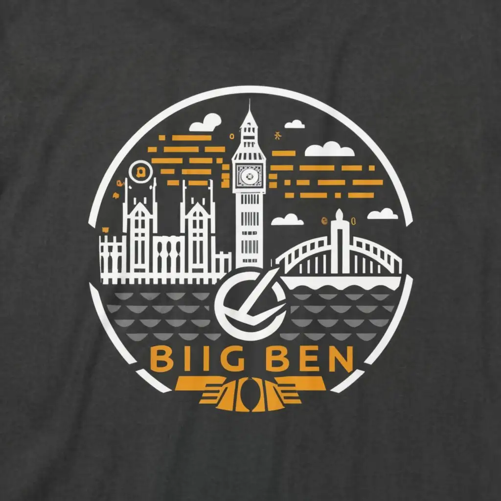 a logo design,with the text "to blend the famous structures of Big Ben and the Sydney Harbour Bridge into a fascinating T-shirt design combined with our logo. The distinctive feature of this project is the application of greyscale tones to the design, but we want pops of orange for added drama.", main symbol:to blend the famous structures of Big Ben and the Sydney Harbour Bridge into a fascinating T-shirt design combined with our logo. The distinctive feature of this project is the application of greyscale tones to the design, but we want pops of orange for added drama.,Moderate,be used in Real Estate industry,clear background