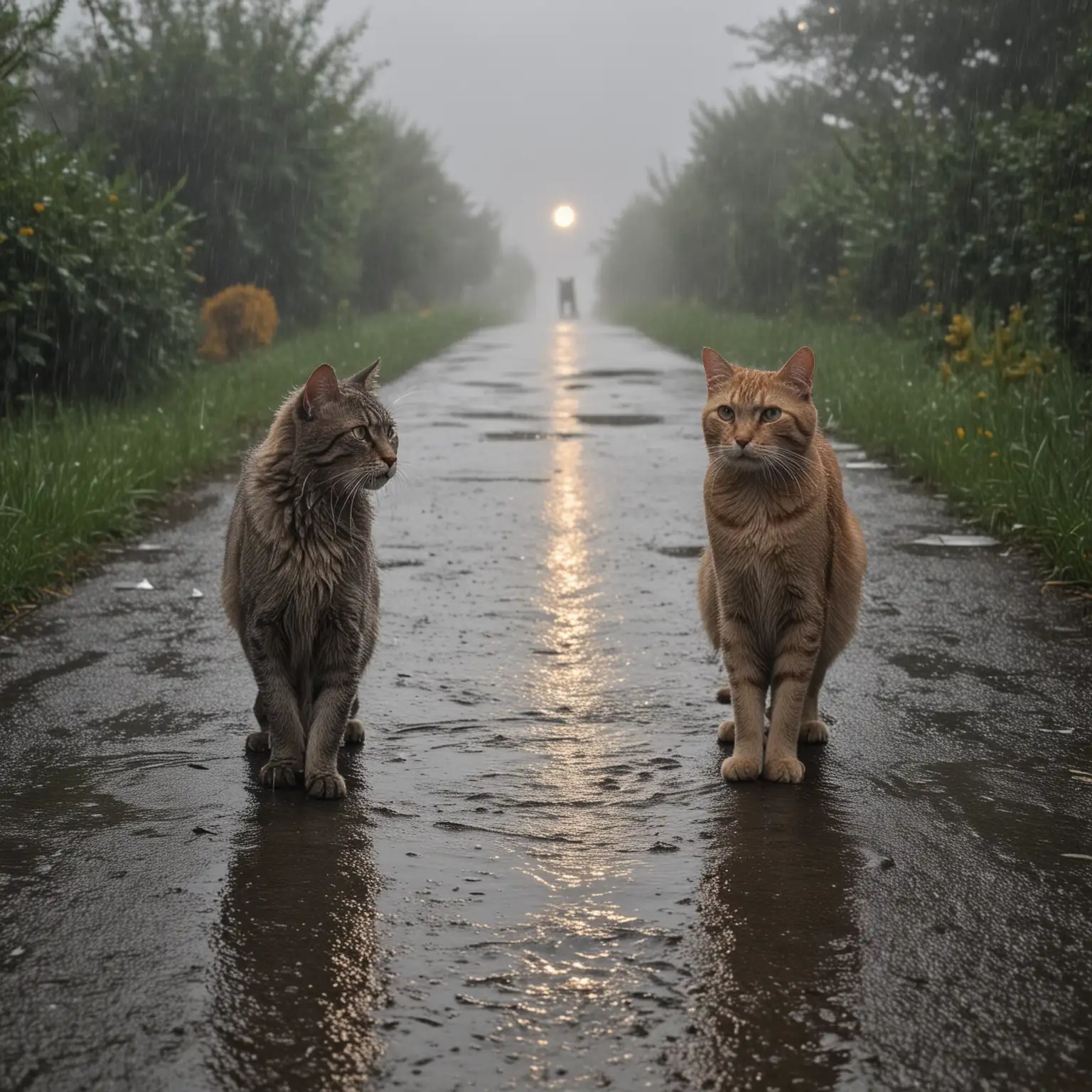 2 unterschiedliche  katze
nasses fell
schutzlos im Regen
auf einem weg der nur im Kreis führt
Sie finden keinen Ausweg
sonne scheint durch die grauen wolken