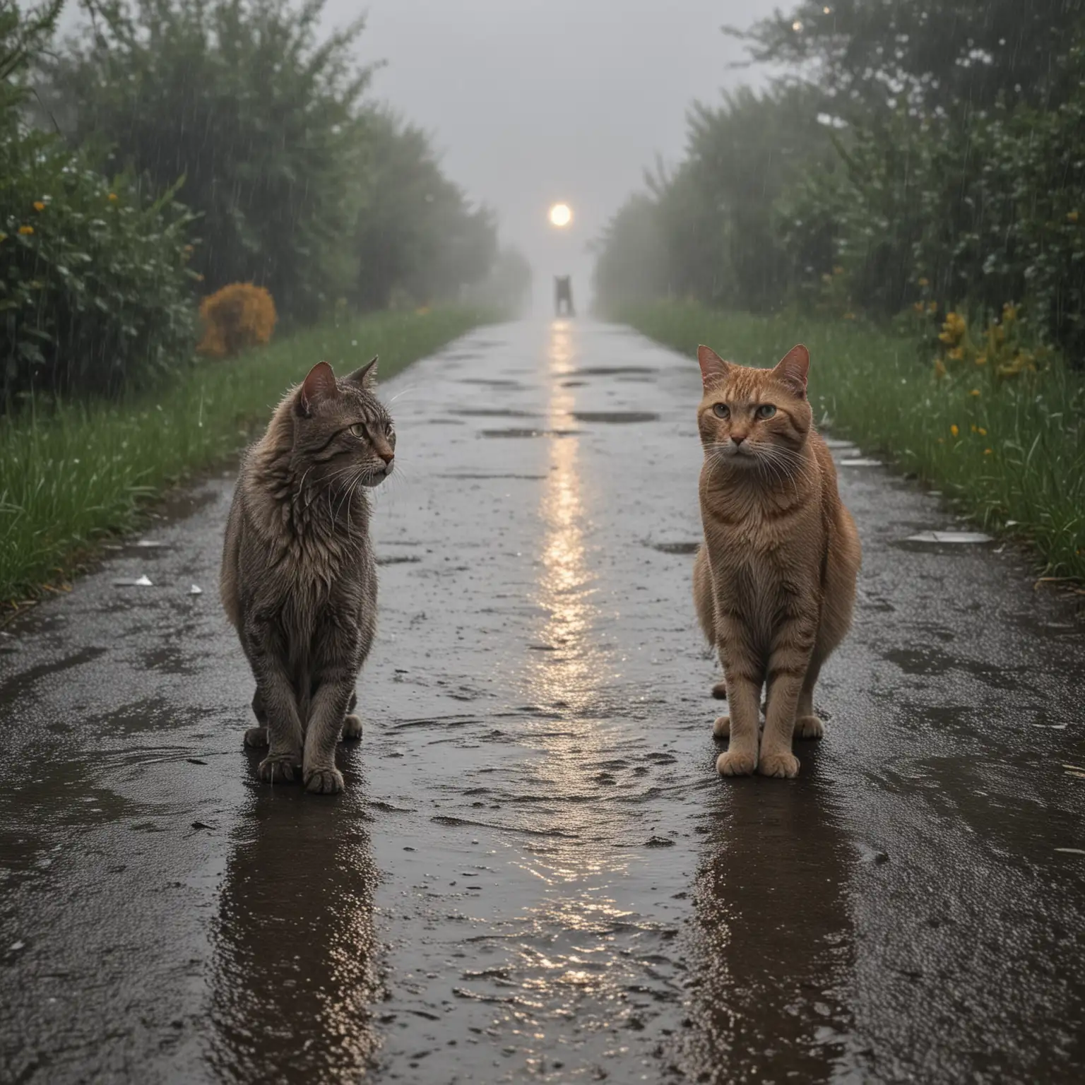 Two Cats in Rainy Circle Path Sunlight Breaking Through