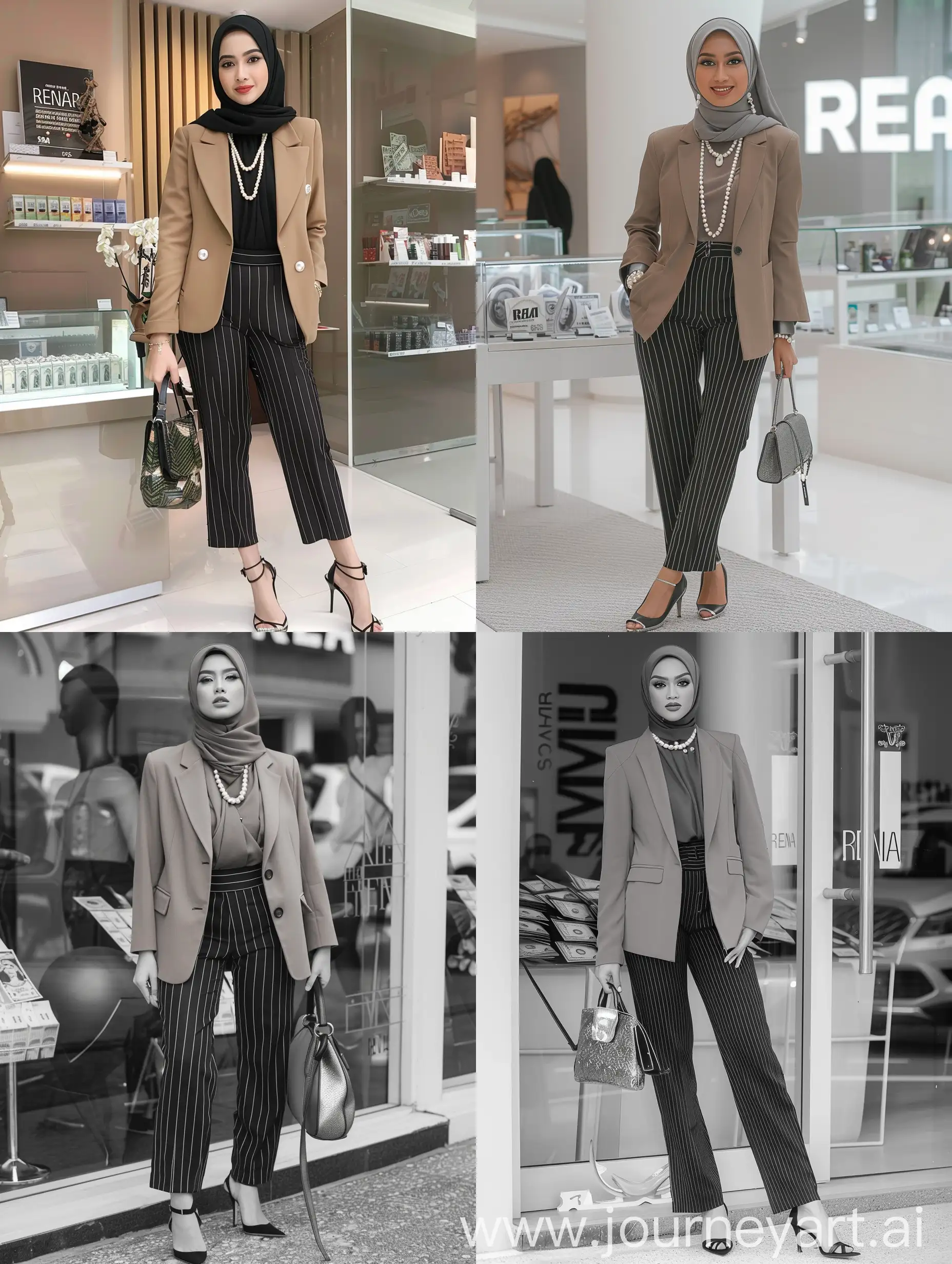 beautiful Indonesian hijab woman wearing a blazer and black striped women's pants, hight heels, pearl necklace and earrings, holding a handbag, she is standing in front of  the RENA shop money. 