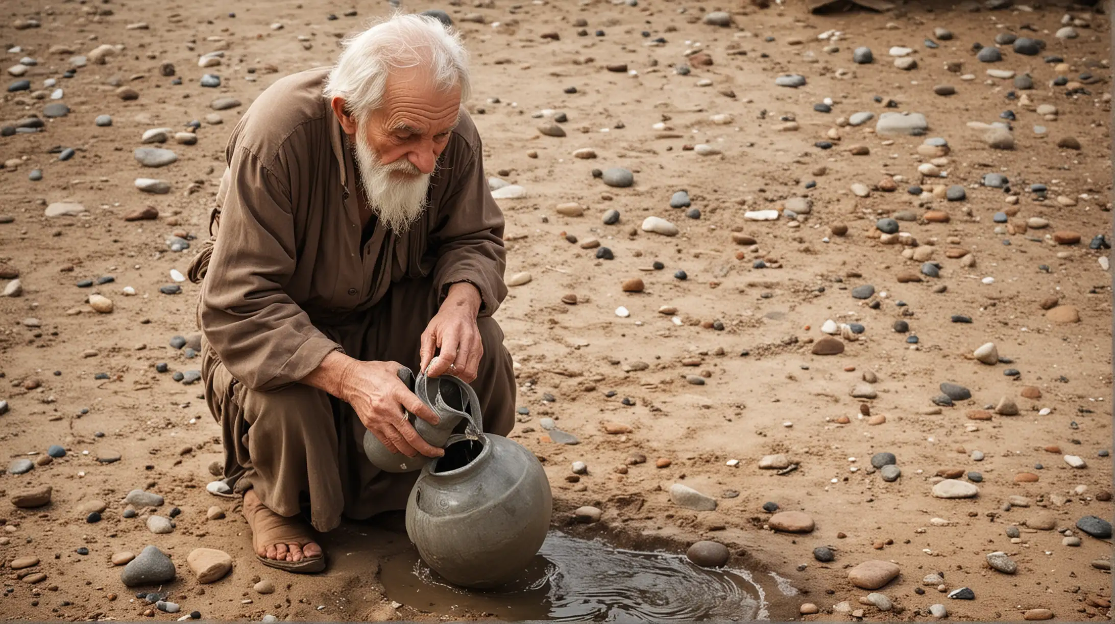 Wise Old Man Pouring Water Into Jug with Stones and Sand