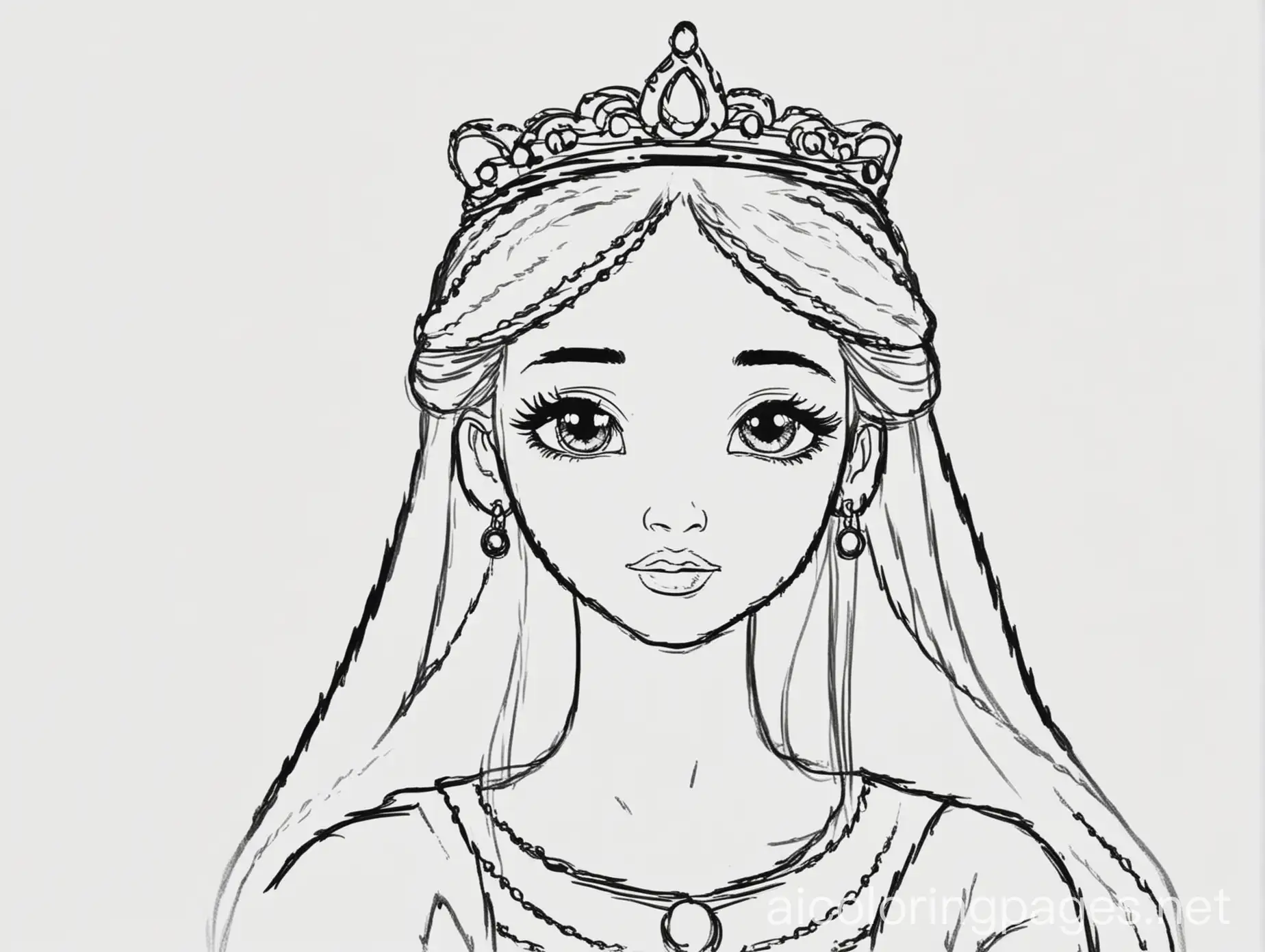 Princess, Coloring Page, black and white, line art, white background, Simplicity, Ample White Space. The background of the coloring page is plain white to make it easy for young children to color within the lines. The outlines of all the subjects are easy to distinguish, making it simple for kids to color without too much difficulty
