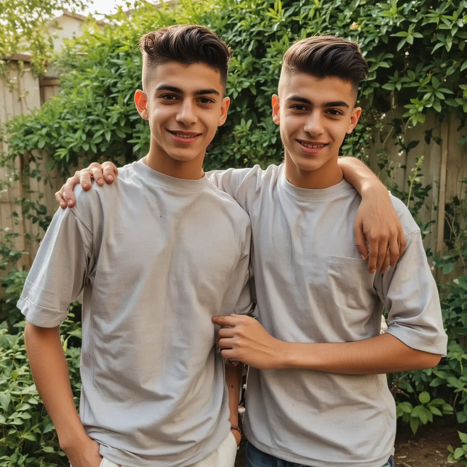 two brothers, one is around 25 years old, the other is around 14 years old, theyre race is persian, they have skin fade haircuts,  they are outside having fun in a garden

