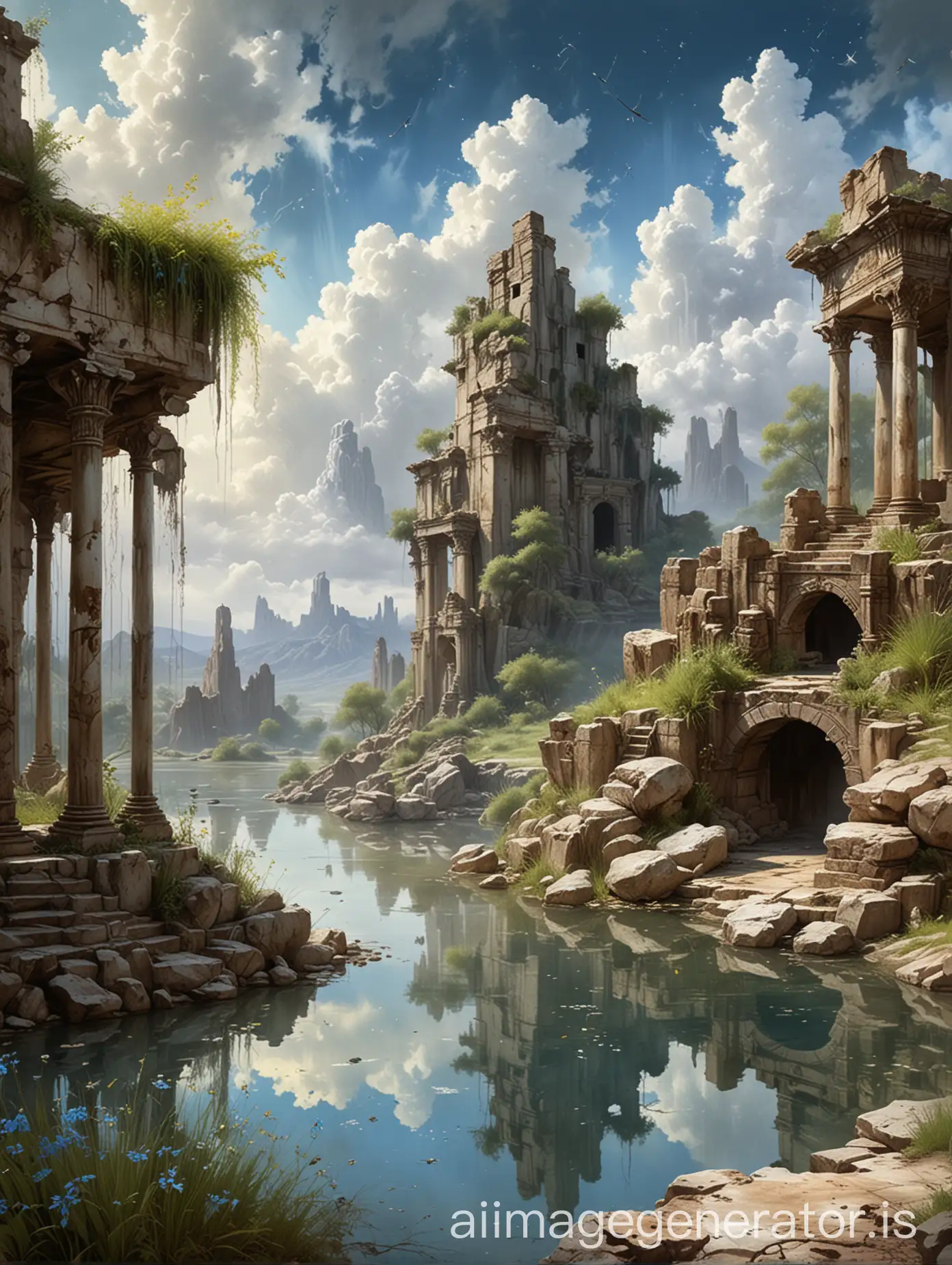 luis royo inspired backdrop, sunny weather, ancient ruins, bright gardenscape, a wet rock by the pond, high noon, blue skies and white clouds, fireflies