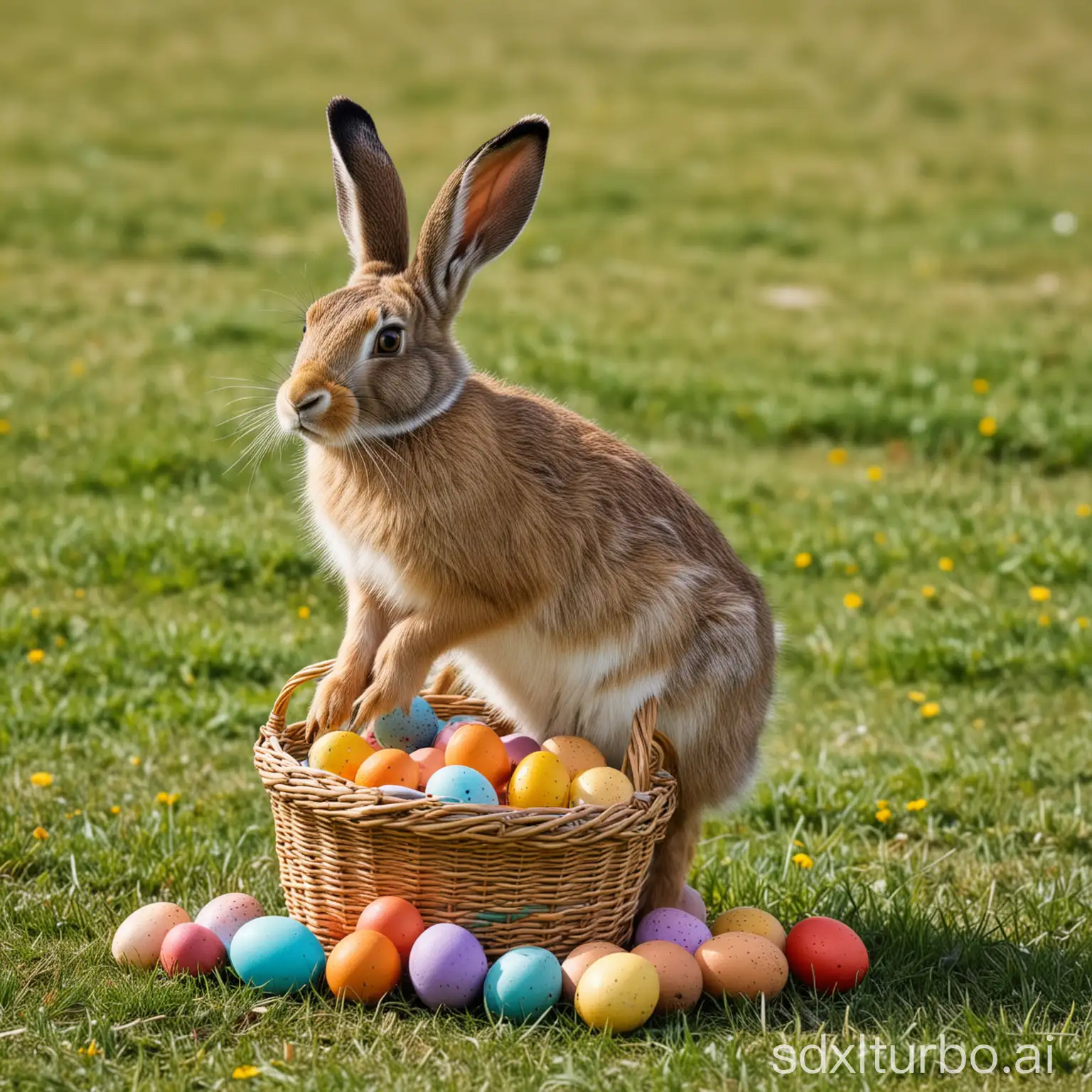 Hase mit Korb auf dem Rücken, im Korb sind bunte Eier 