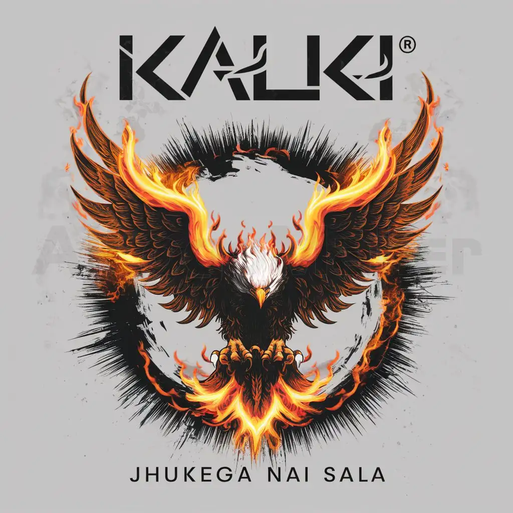 a logo design,with the text 'KALKI', main symbol:Fire and destruction with a eagle background rising from ashes,complex,be used in Jhukega nai sala industry,black background