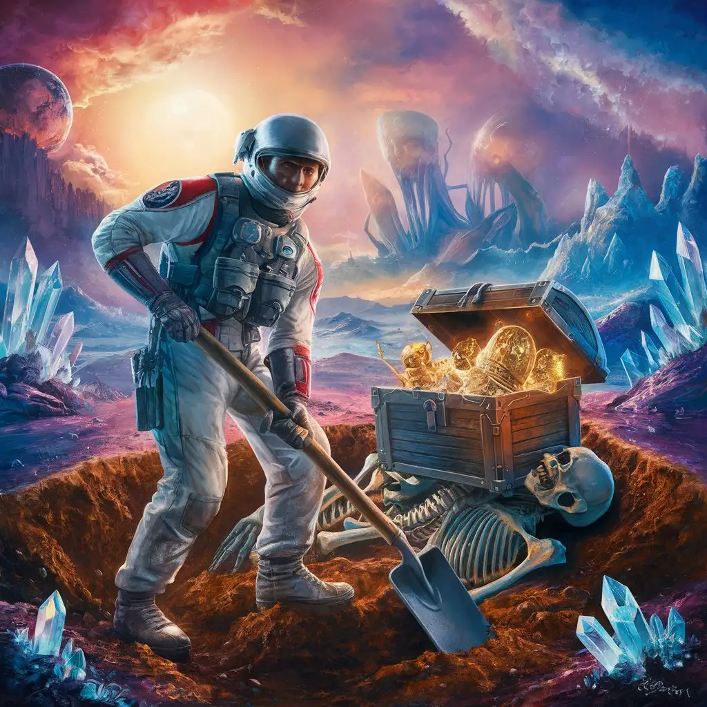 Space Soldier Excavating Alien Skeleton and Treasures in Hyperrealistic Scene