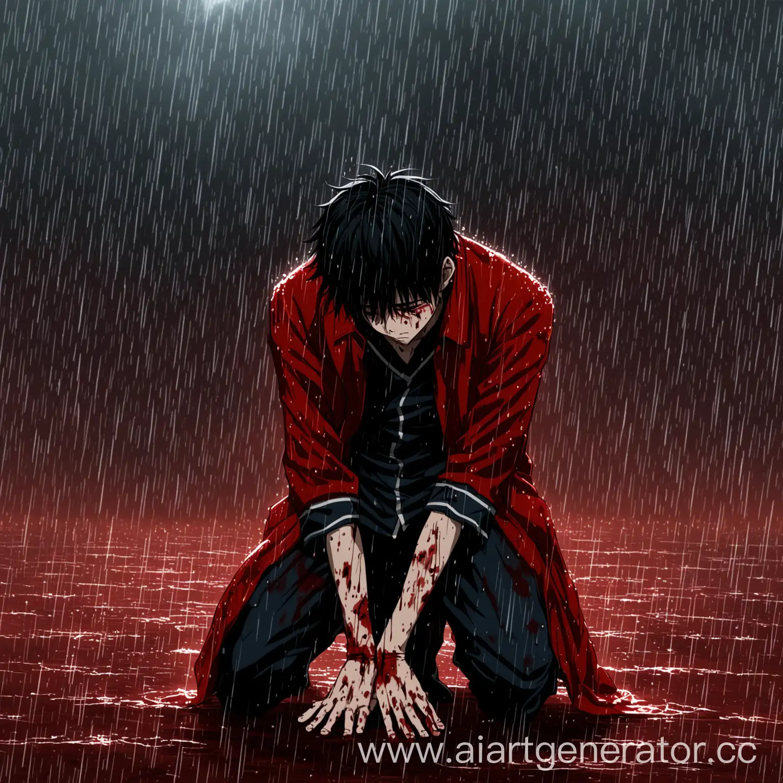 wounded anime male character kneels and looks at the sky in red rain and mourns