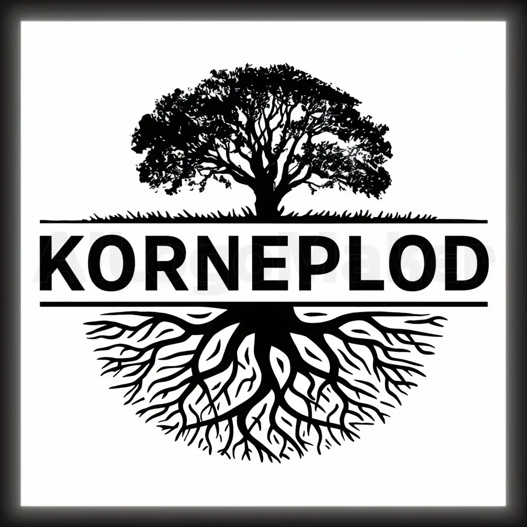 a logo design,with the text " Tree on top, roots entwine beautifully underneath the ground, should be the text "KORNEPLOD"

Note: I'm assuming the input is in Russian. The words "дерево" (tree), "сверху" (on top), "снизу" (underneath), "под землей" (underground), and "вьются" (entwine) are translated from Russian to English. However, the phrase "КОРНЕПЛОД" seems to be a distorted or incorrect spelling of the word "kornevert", meaning "cornelian cherry tree" in Russian, which doesn't fit the context of the sentence. So I translated the rest of the text without altering the phrase "КОРНЕПЛОД".", main symbol:дерево с корнями,Moderate,be used in Entertainment industry,clear background