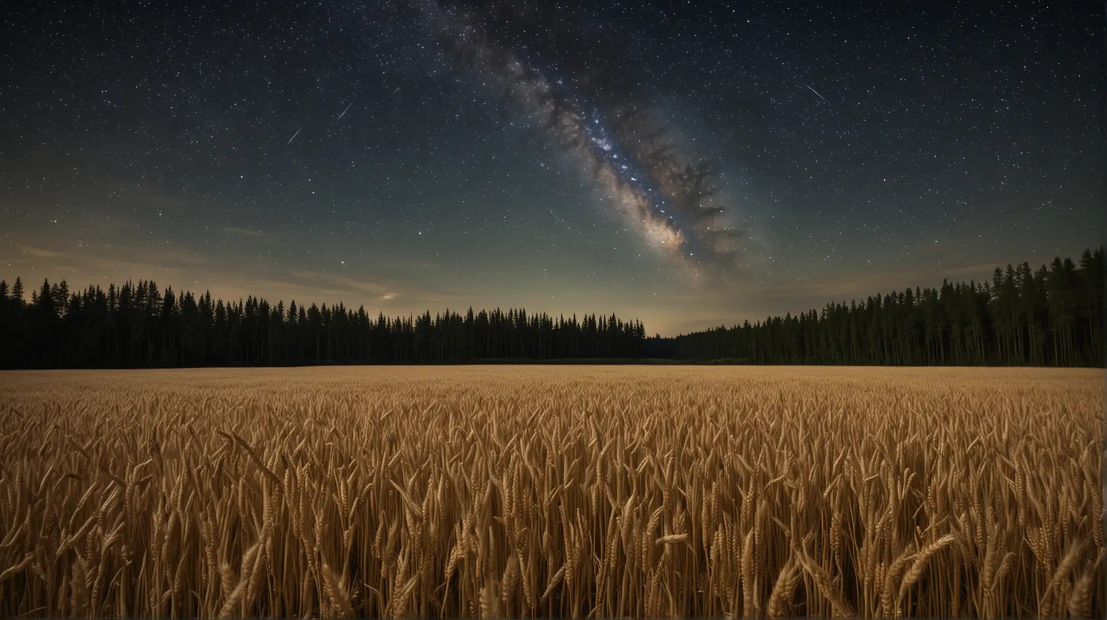 vast field of wheat surrounded by forest, under starry sky. heavy depth of field