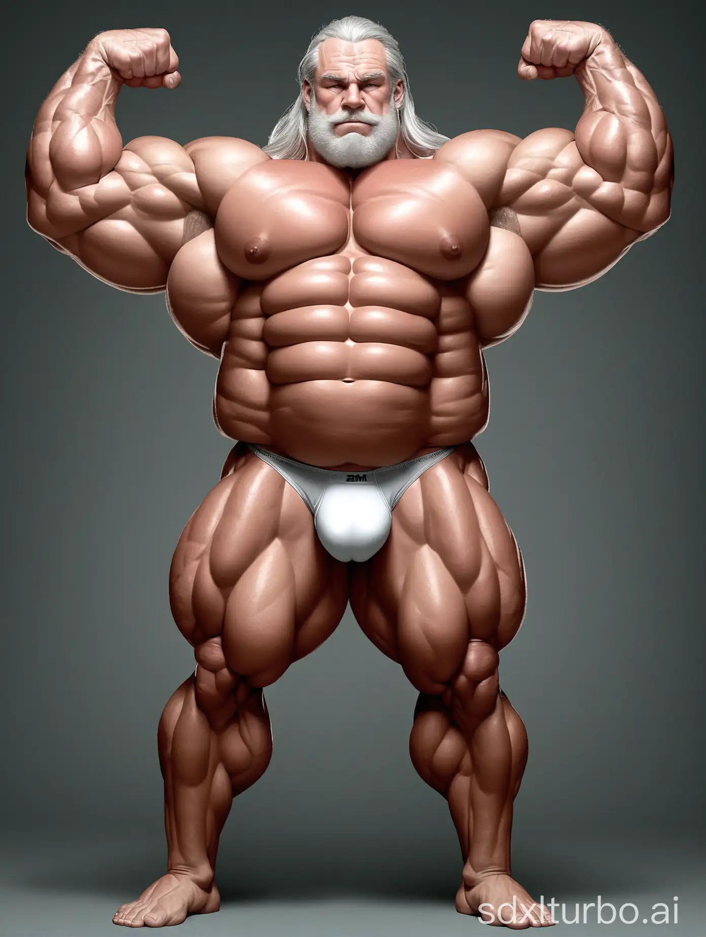 White skin and massive muscle stud，Huge and giant and Strong body，Very strong legs， 2m tall，very Big Chest，very Big biceps，very 8-pack abs，Very Massive muscle Body，Wearing underwear，he is giant tall，very fat，very fat，Full Body，very long strong legs， raise his arms to show his huge biceps ，raise his arms to show his huge biceps，very old man，long hair，very thick muscles，very thick body，