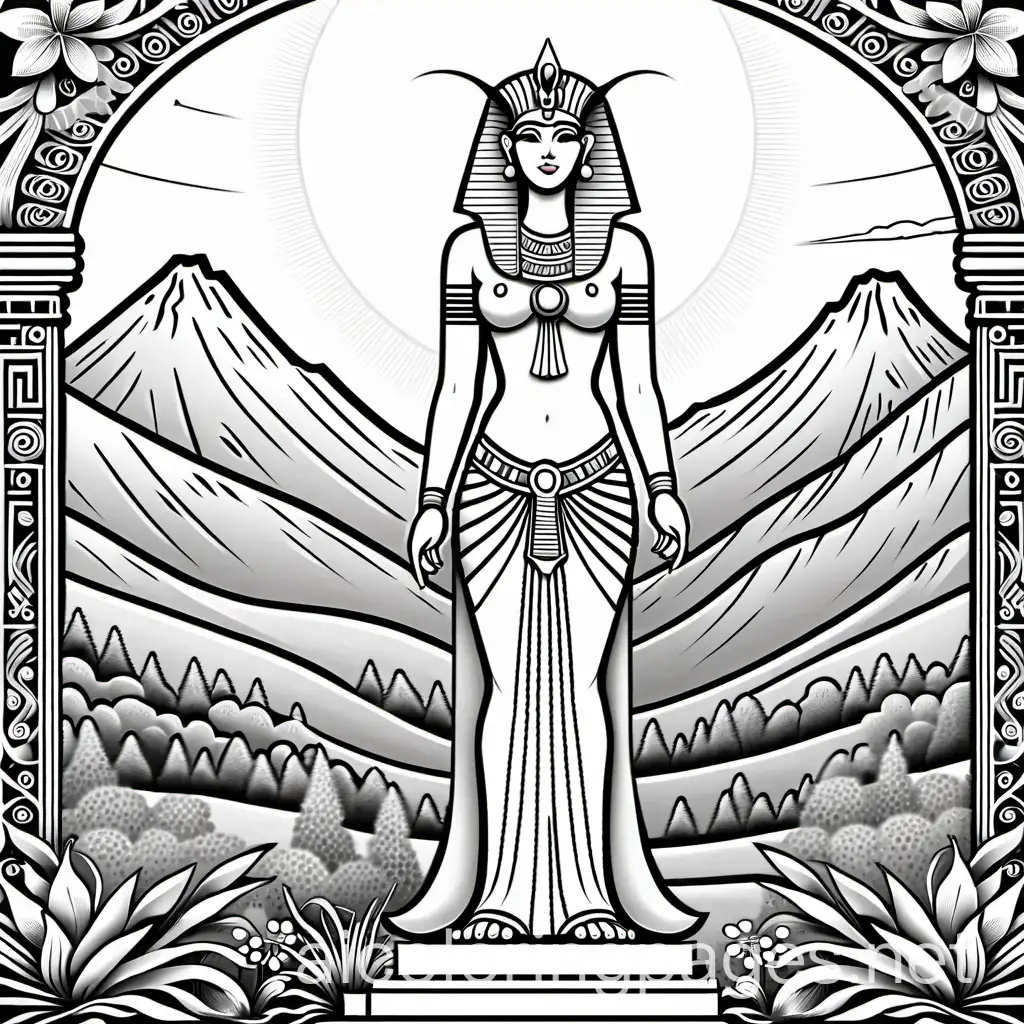 An outline of Nut the Egyptian goddess in the garden of the gods, Coloring Page, black and white, line art, white background, Simplicity, Ample White Space. The background of the coloring page is plain white to make it easy for young children to color within the lines. The outlines of all the subjects are easy to distinguish, making it simple for kids to color without too much difficulty