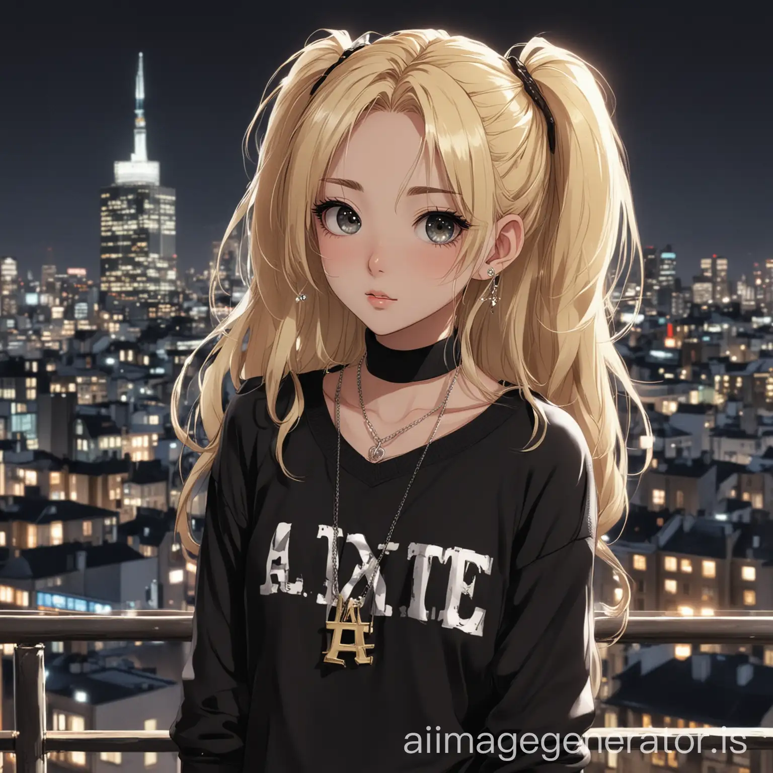 create me image[aesthetic anime girl, wearing pendant "A", Black sweater, Black and blonde hair, Background city