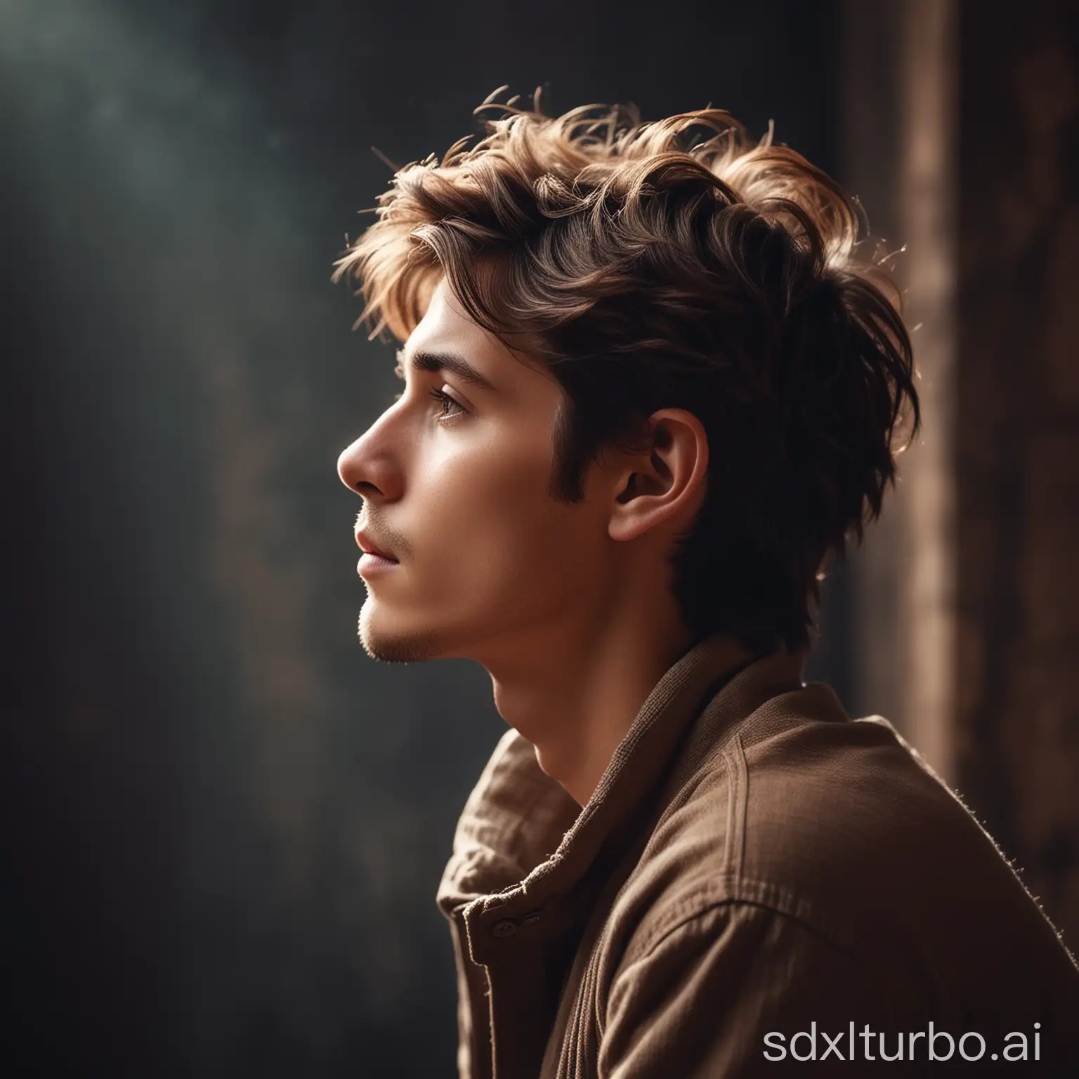 Handsome and free-spirited boy, side profile, contemplative state, high-definition image, cinematic quality, high-end background