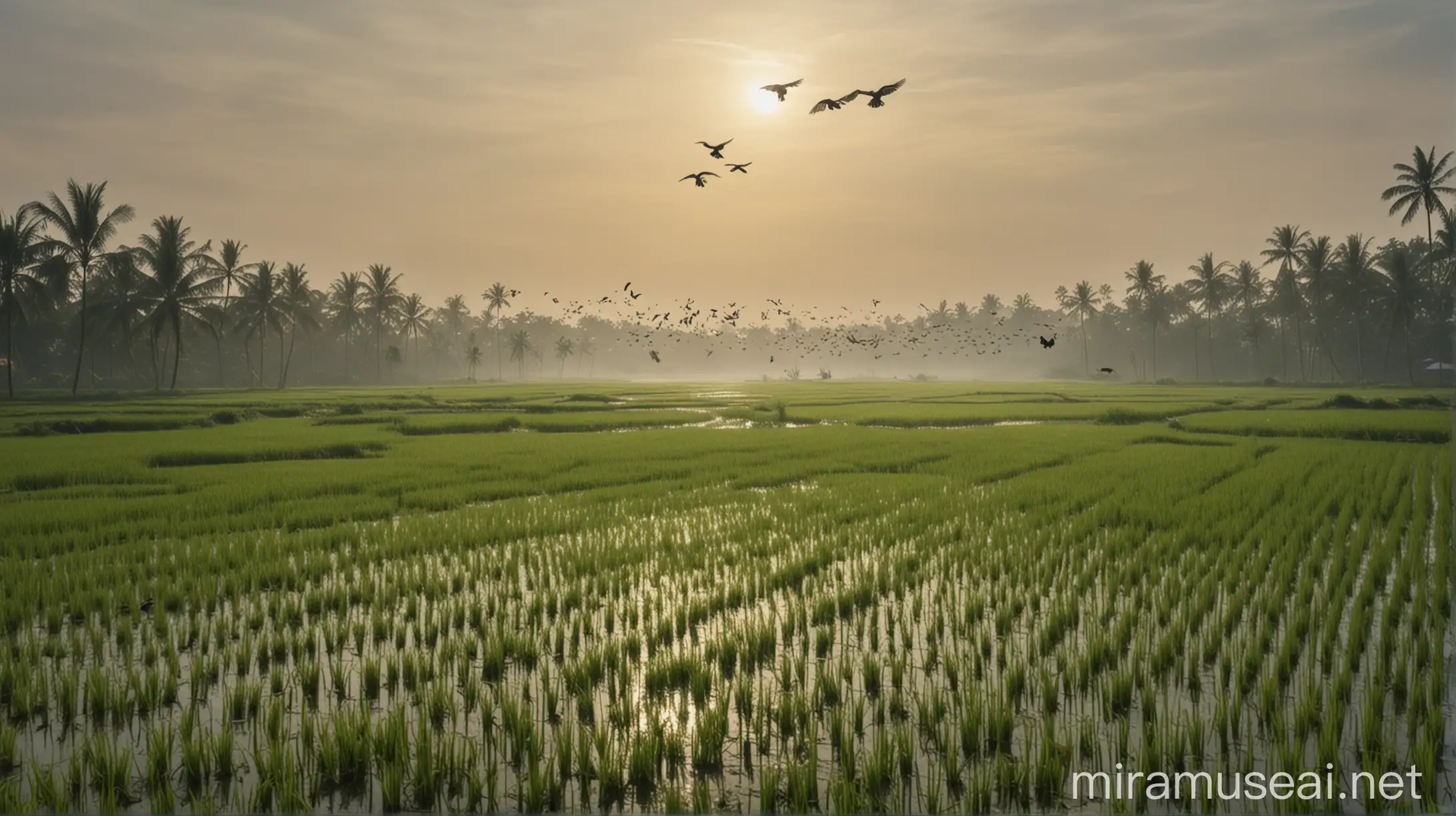 Tranquil Morning in Indonesian Rice Fields Birds Flying Over Dewy Leaves