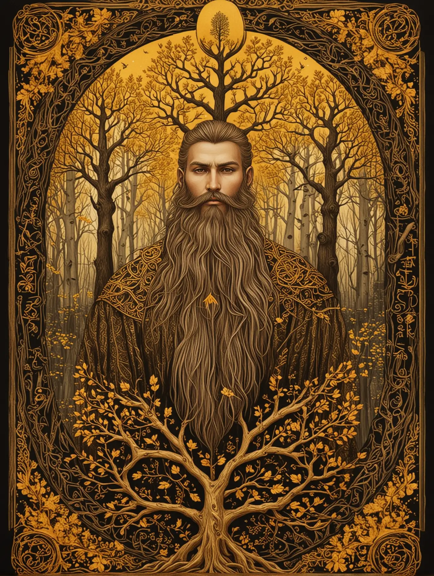 Славянский стиль. Карта таро. Симметрия. Сильный мужчина с бородой. Золотое Дерево.