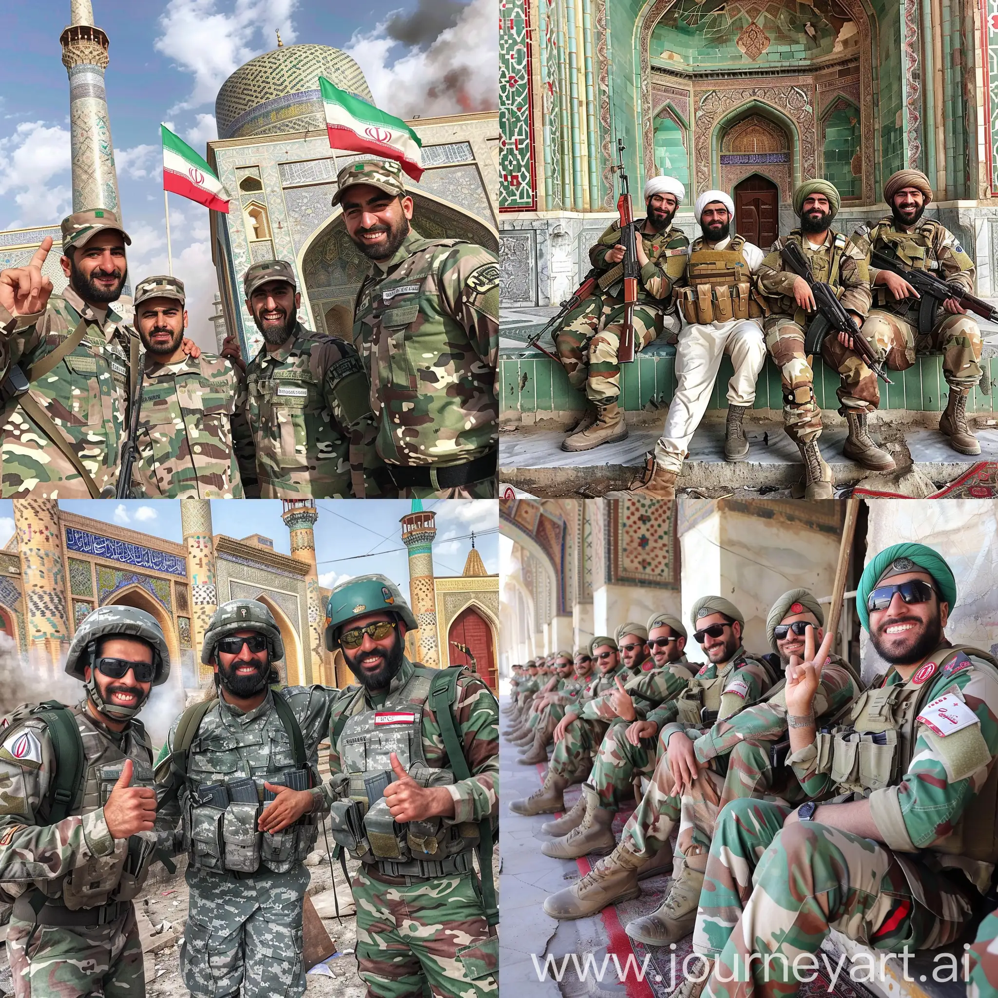 Iranian soldiers next to Khorramshahr mosque happily, the atmosphere of the epic effect, the use of green, white and red colors