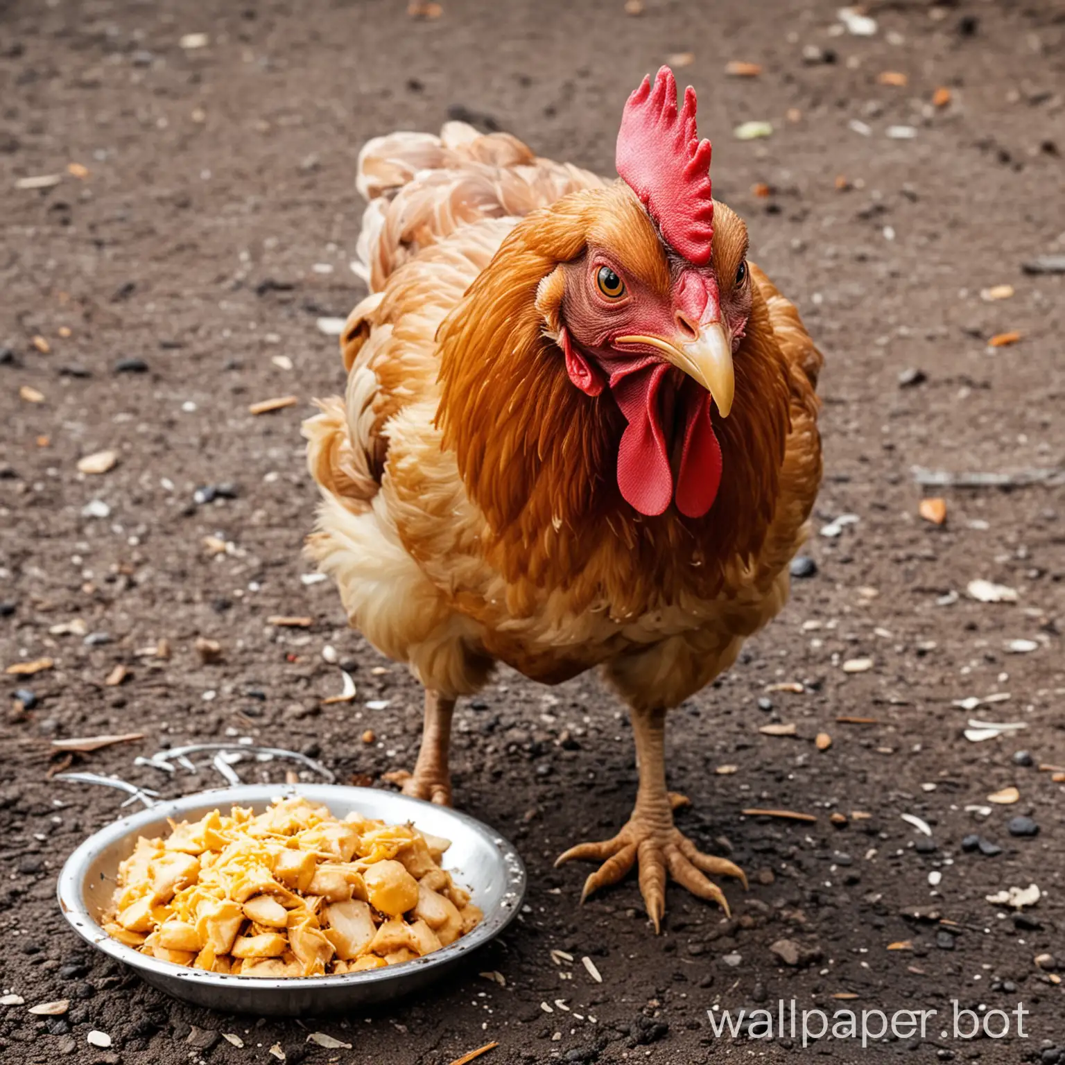 Hungry-Chicken-Pecking-at-Corn-Kernels-in-Farmyard