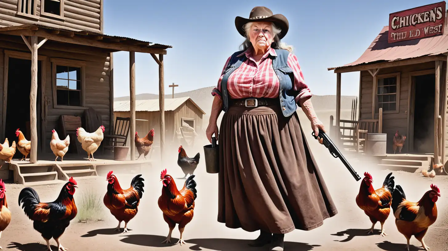 Create a crazy Rednecks woman of the wild west. She is 80 old, fat andwearing dirty  long skirt.
There are chickens and pigs around her and a lot of dirt.
She is wearing a double barrel shotgun