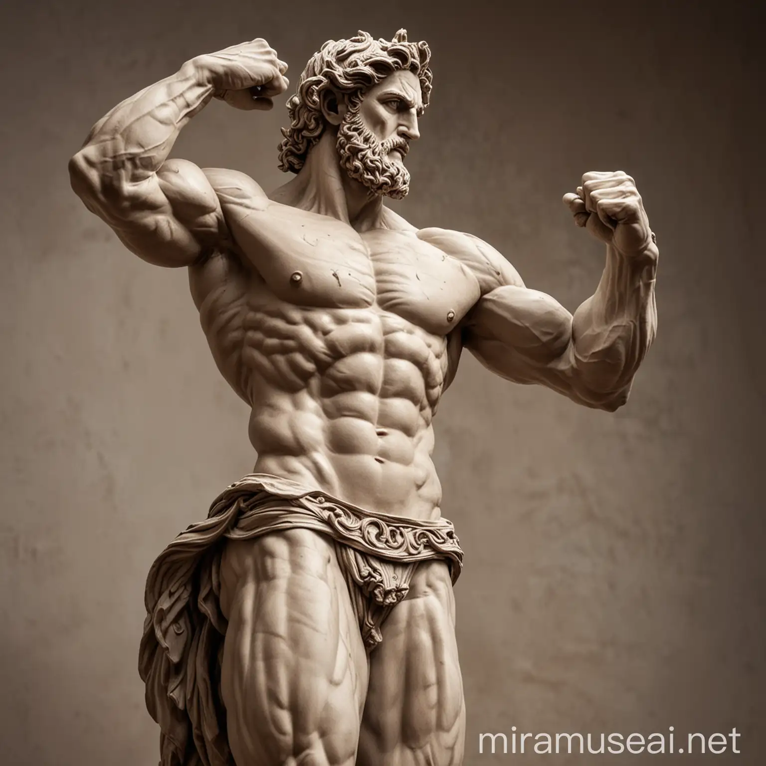 Dios griego musculoso tipo escultura haciendo una pose épica 