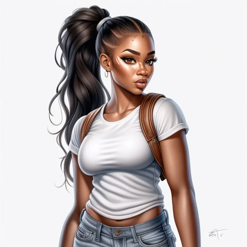 Stunning CaramelSkinned Black Woman in White TShirt and Ripped Jeans