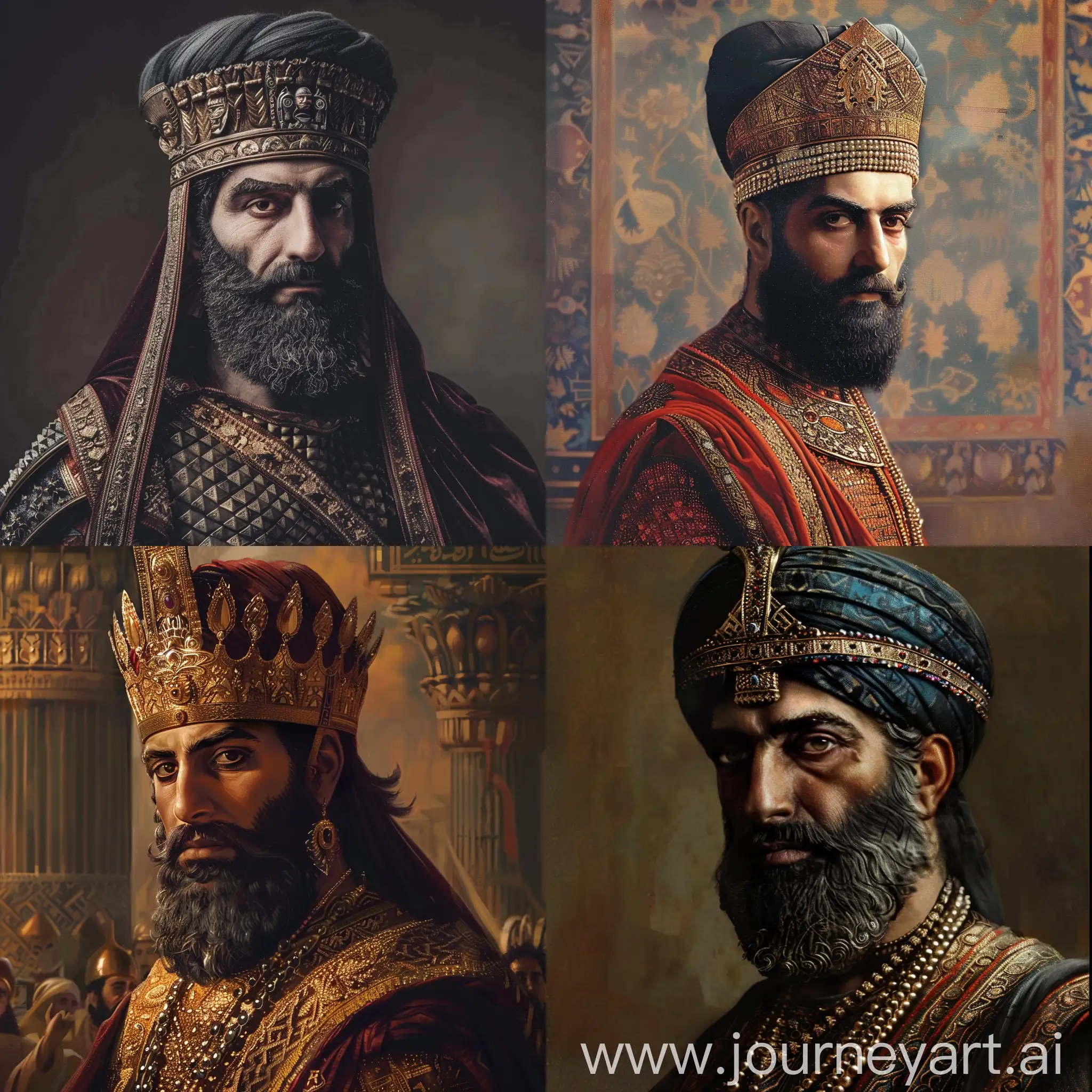 Find the photos of Sassanid kings on the web and reconstruct the photo of Khosrow Anushirvan for me based on the photos.