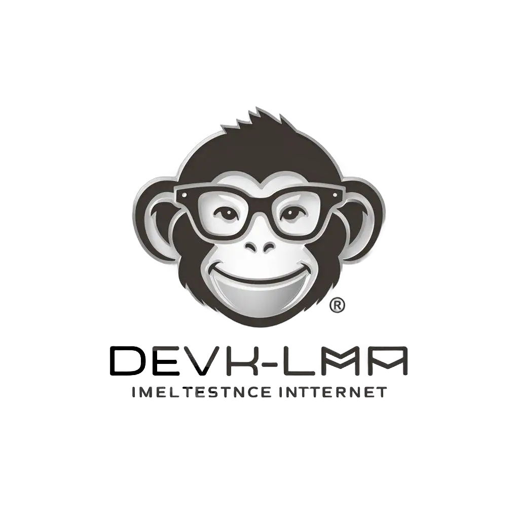 a logo design,with the text 'DevKlm', main symbol:Smiling monkey head with glasses,Moderate,be used in Internet industry,clear background