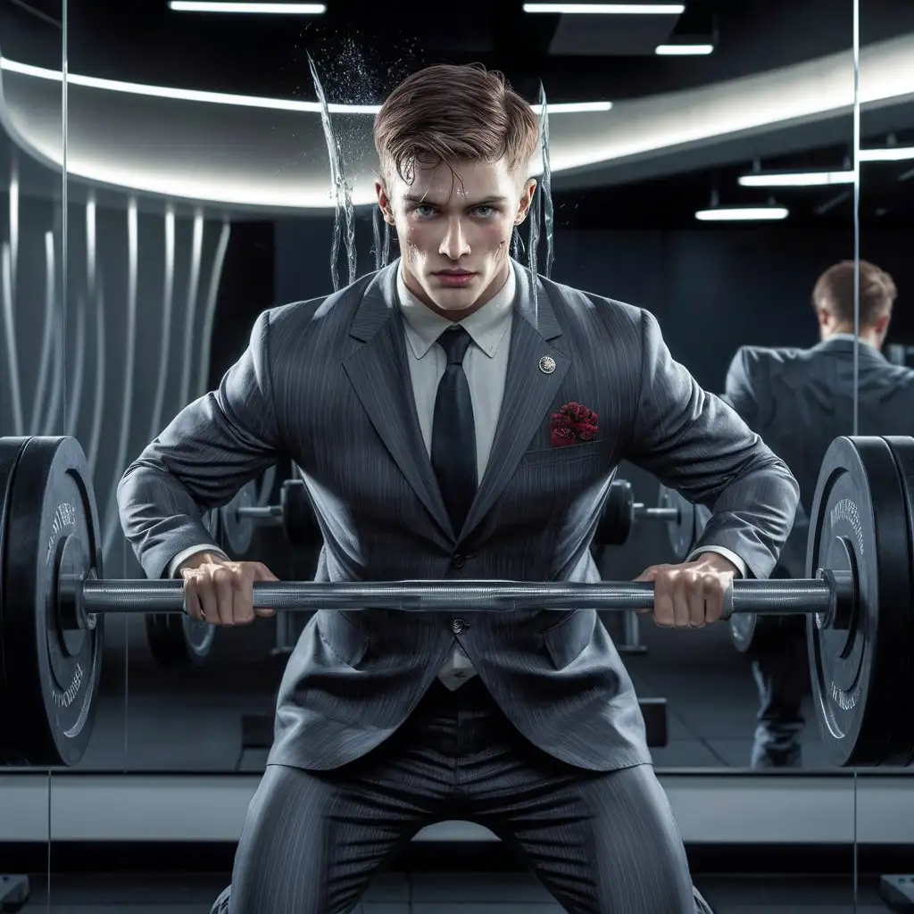 young handsome Russian politician-deputy in a business suit lifts barbells in the gym