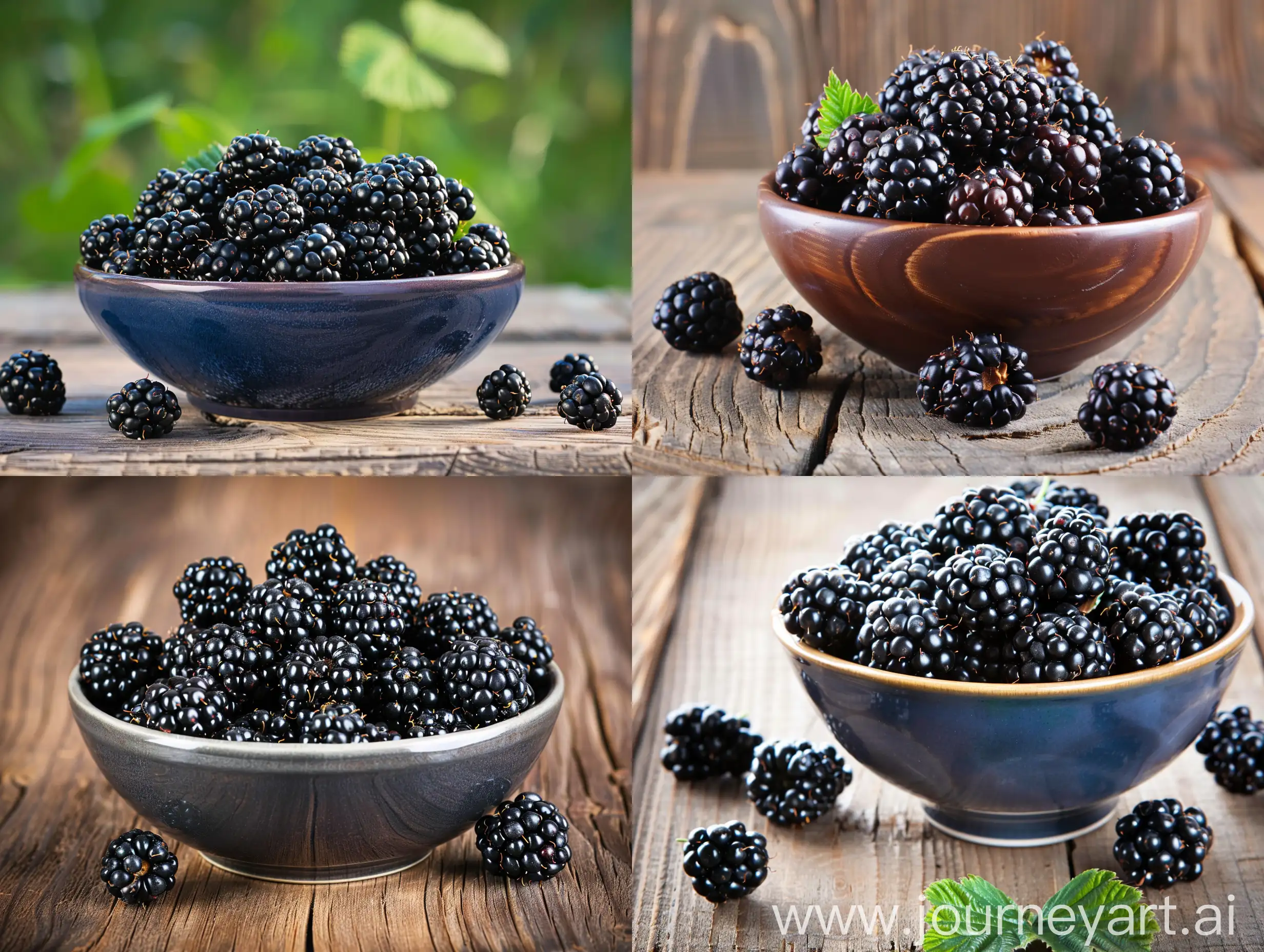 Real photo of a bowl full of blackberries on a wooden table