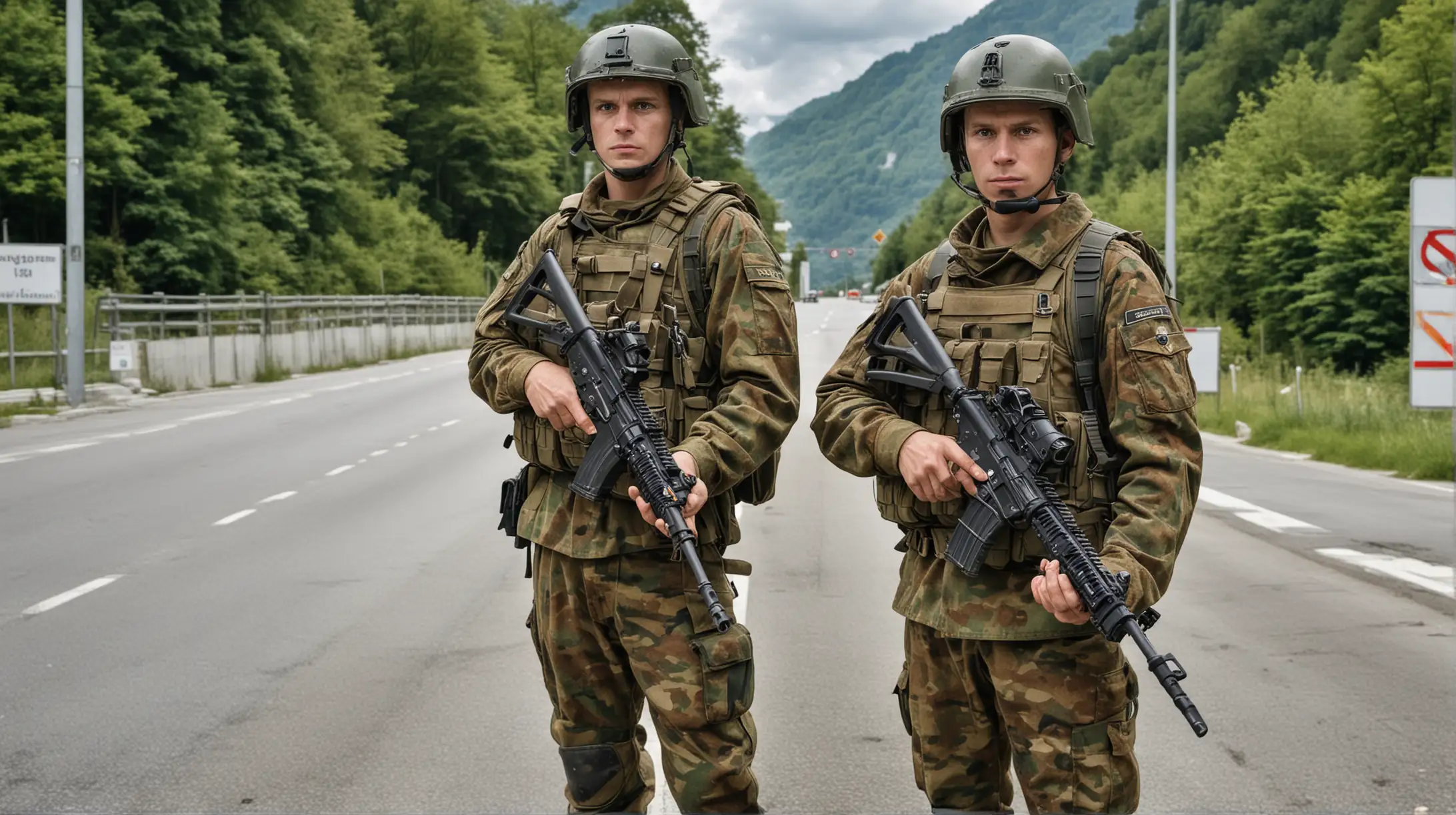 Two modern Liechtenstein army soldiers wearing helmets and carrying G36 rifles, standing at a road checkpoint into Liechtenstein