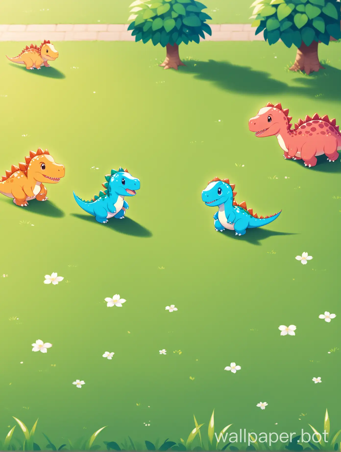Two cute mini dinosaurs chatting with three students on the grass.