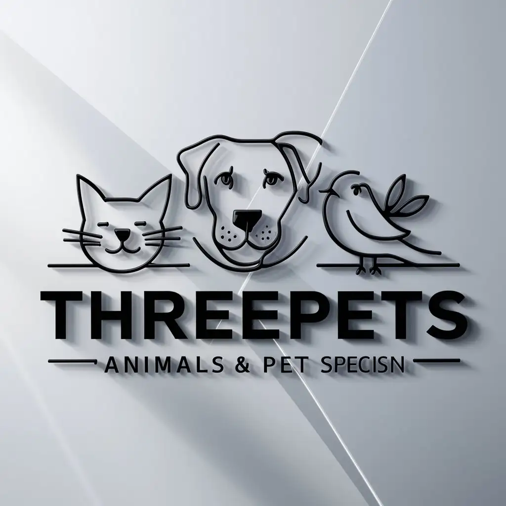 a logo design,with the text "THREEPETS", main symbol:cat, dog, bird,Moderate,be used in Animals Pets industry,clear background