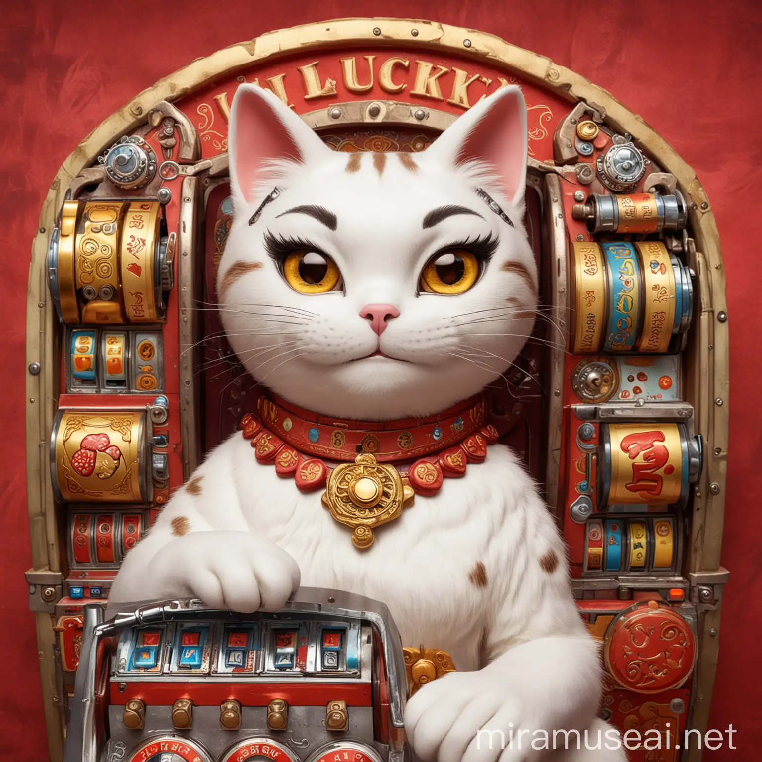 Vivid Western Woman with Mechanical Slot Machine and Lucky Cat Background