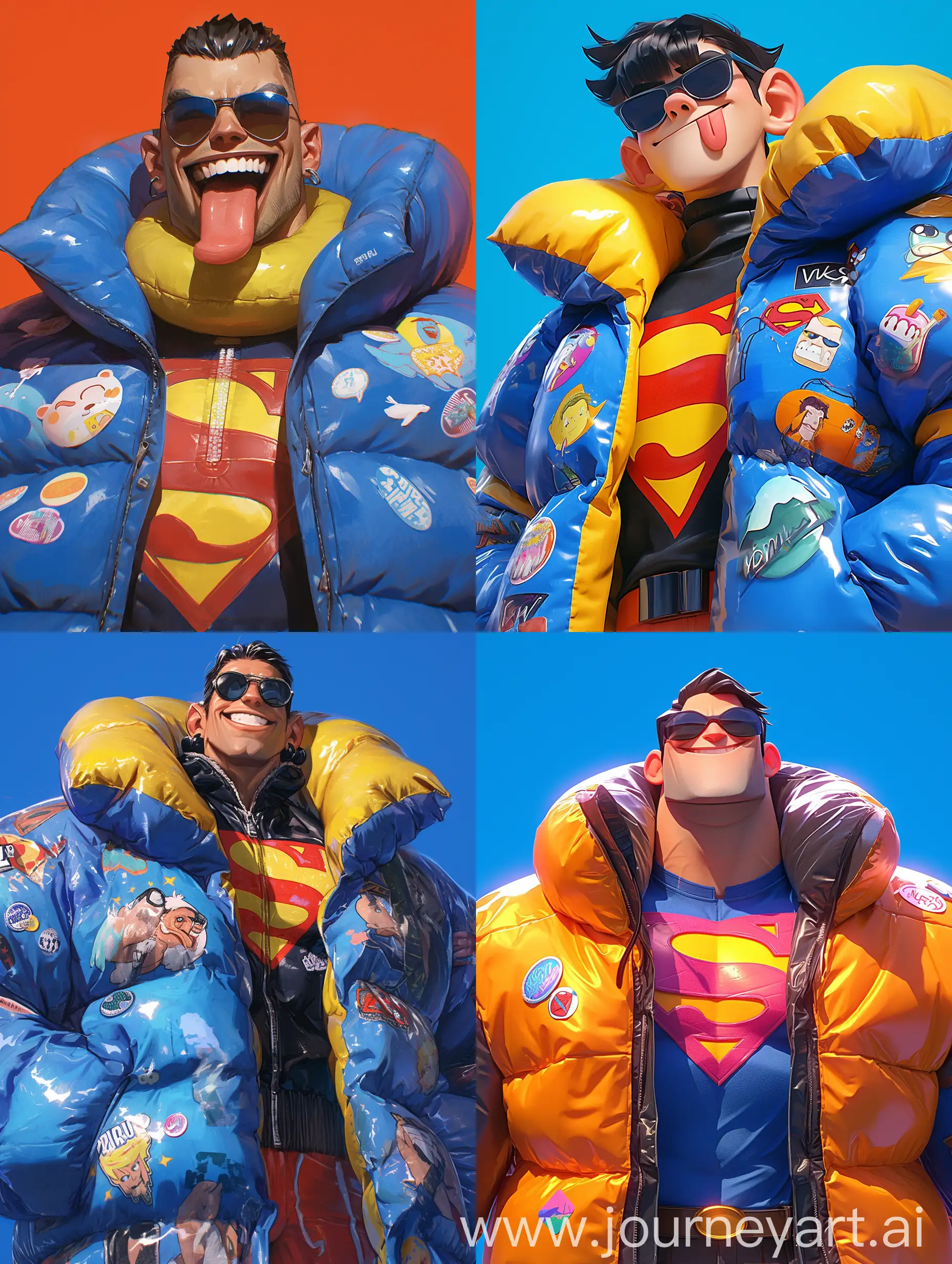 Cheerful-Superman-Character-in-Colorful-Puffy-Jacket-with-Stickers
