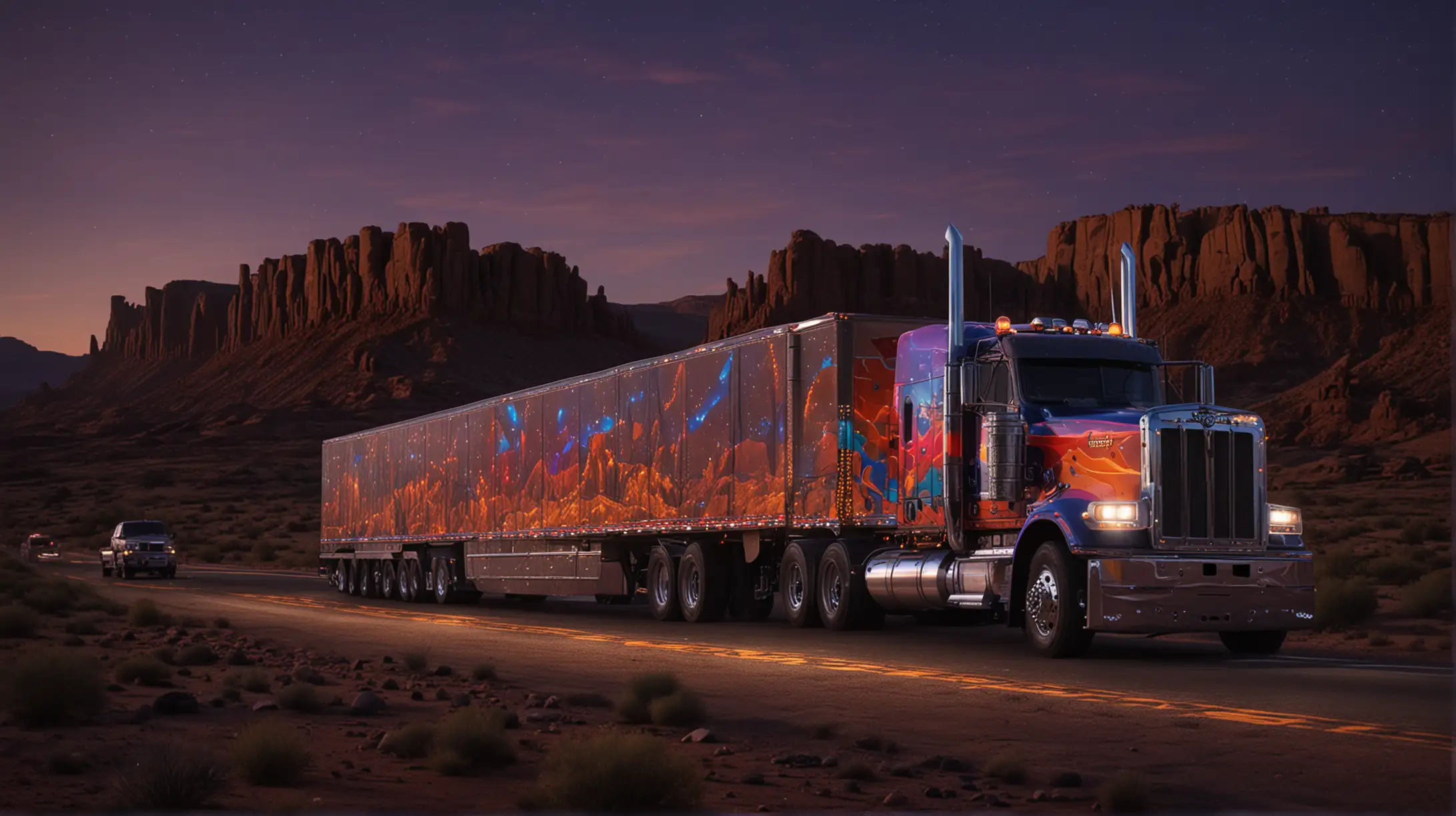 Southwest desert, 18-wheeler with lots of colorful lights on outside of rig, driving past mesas, at dusk, photo realistic, cinematic lighting