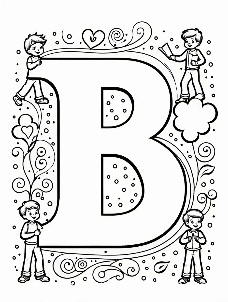 Children's letter B coloring page with little boys, Coloring Page, black and white, line art, white background, Simplicity, Ample White Space. The background of the coloring page is plain white to make it easy for young children to color within the lines. The outlines of all the subjects are easy to distinguish, making it simple for kids to color without too much difficulty
