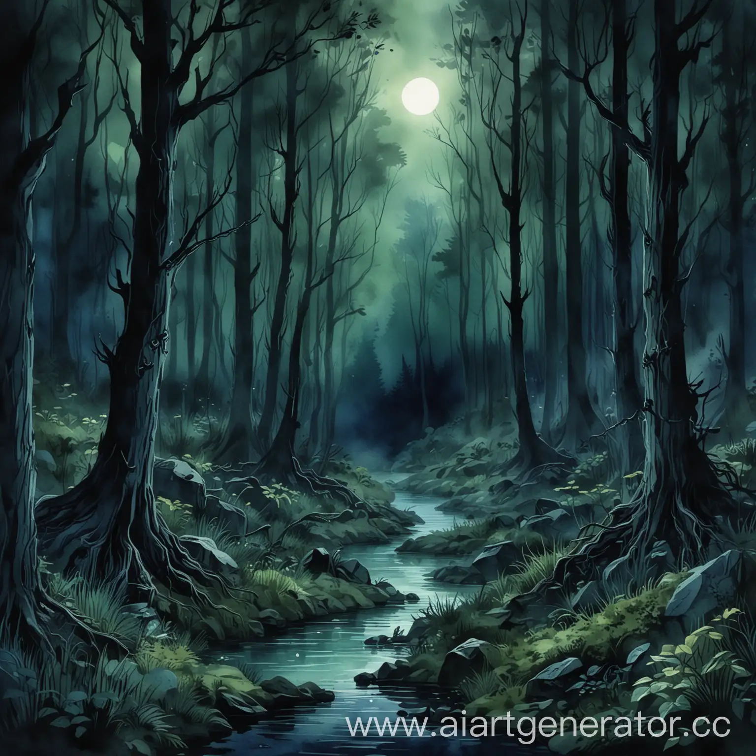 Фон ночного лесв из властелина колец в темных тонах простой акварельный с сильно размытыми тенями. В темно синих и болотнозеленых цветах
