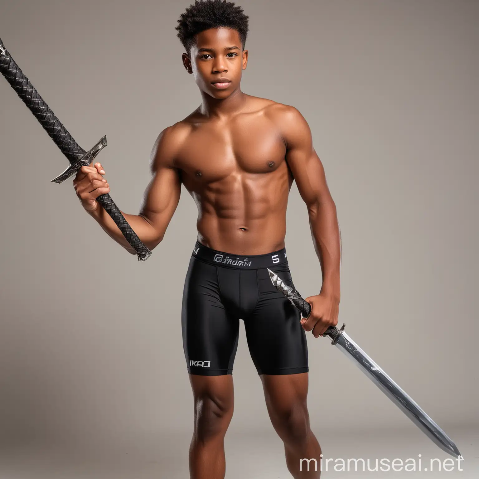young black teen boy wearing tight compression shorts, shirtless, muscles, holding a sword 