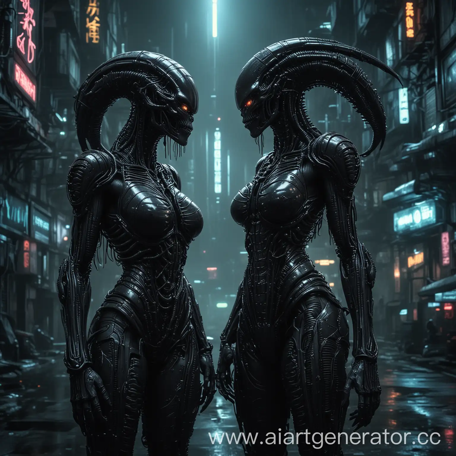 Cyberpunk-Xenomorph-Girls-in-GigerInspired-Night-Megapolis
