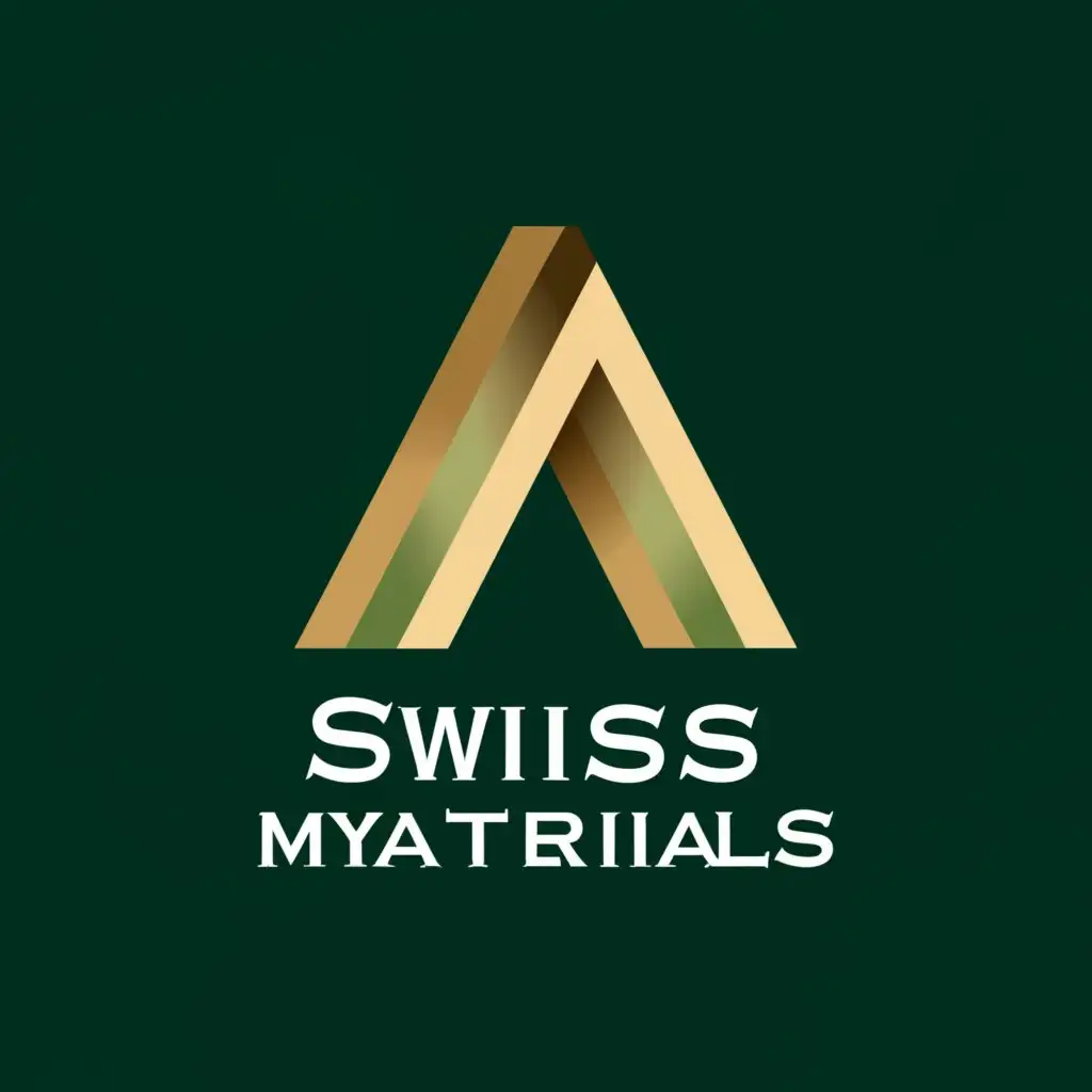 a logo design,with the text "Swiss Materials.", main symbol:Letter m and a 3D pyramid. 
Color is gold mixed with mint green 
One side solid colors and one side strips,Minimalistic,be used in Internet industry,clear background