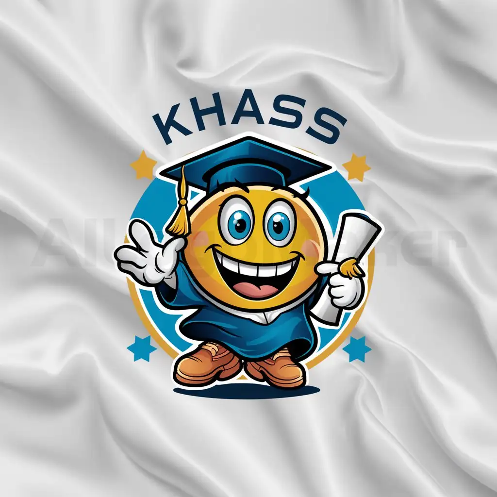 a logo design,with the text "Come", main symbol:A playful cartoon version of a yellow smiley face emoji wearing a graduation cap and gown, holding a diploma. The emoji has big blue eyes and a wide, cheerful smile. The background is plain white with the Arabic text 'khass' written in Naskh script above the emoji. The style should be bright, colorful, and cheerful, with a fun and celebratory vibe.,Minimalistic,clear background