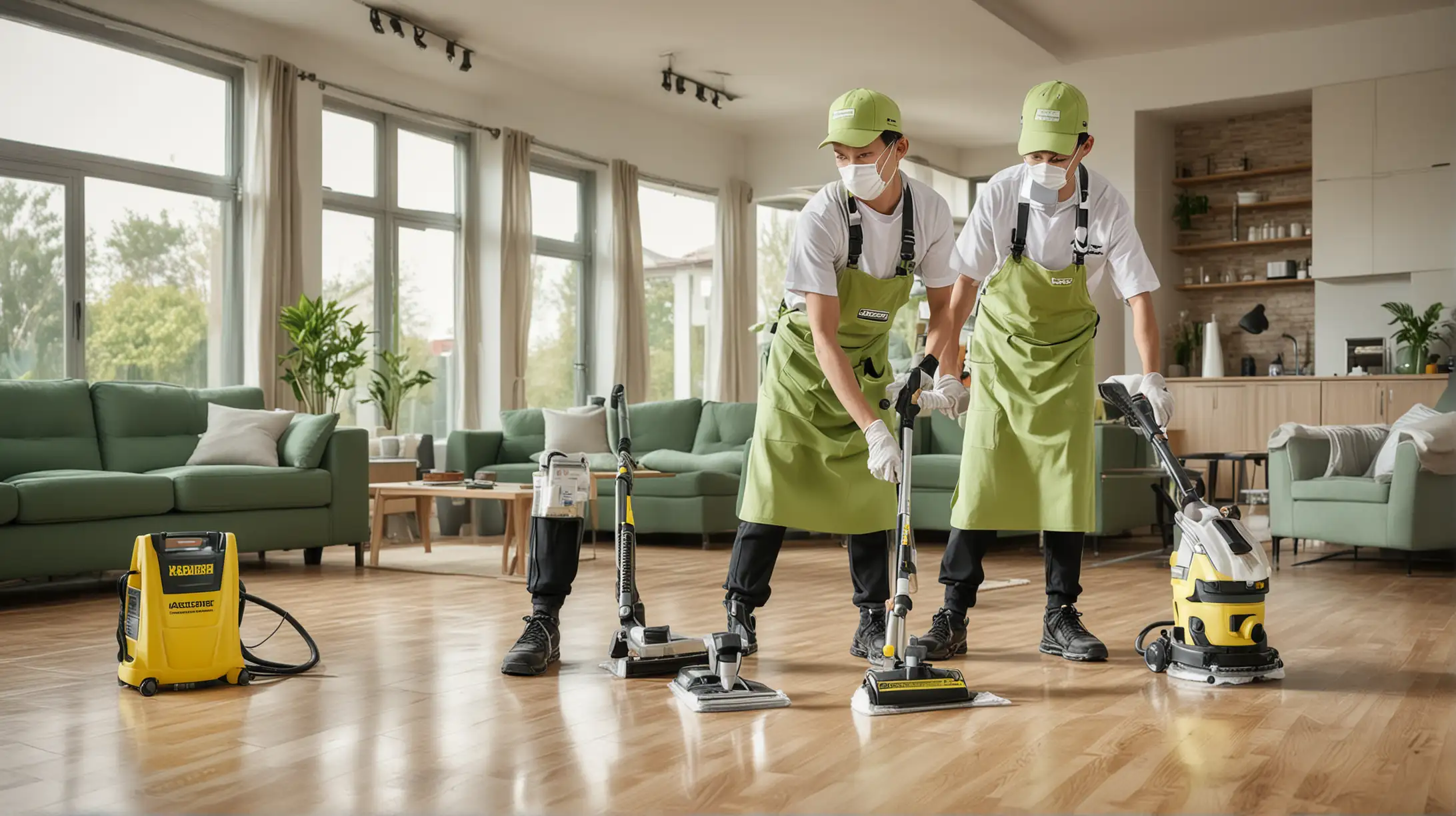 Two Chinese Male Housekeepers Cleaning Floor with Karcher Steam Cleaner