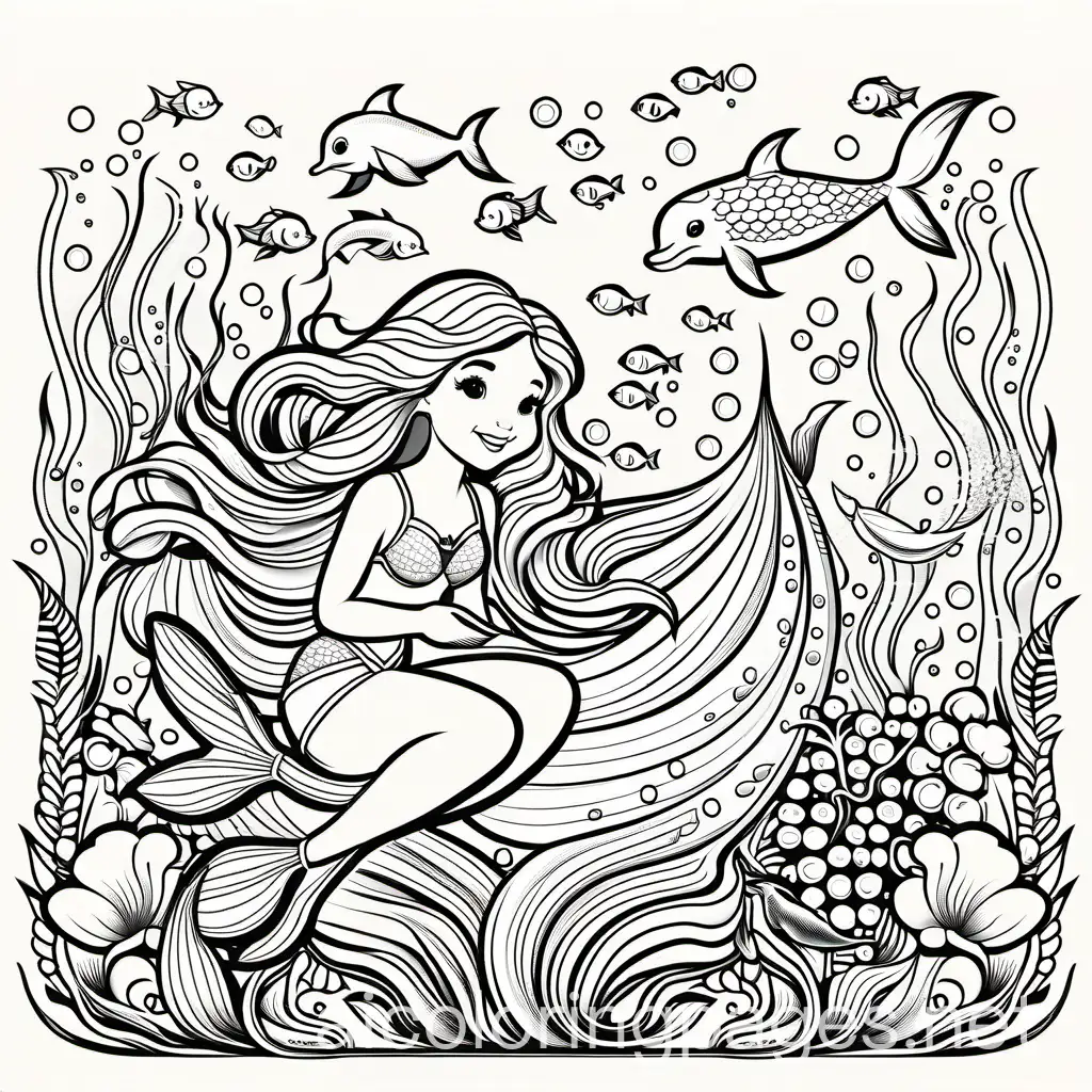cute mermaid, toddler, underwater, with dolphins, surrounded by sea plants and fish swimming, Coloring Page, black and white, line art, white background, Simplicity, Ample White Space